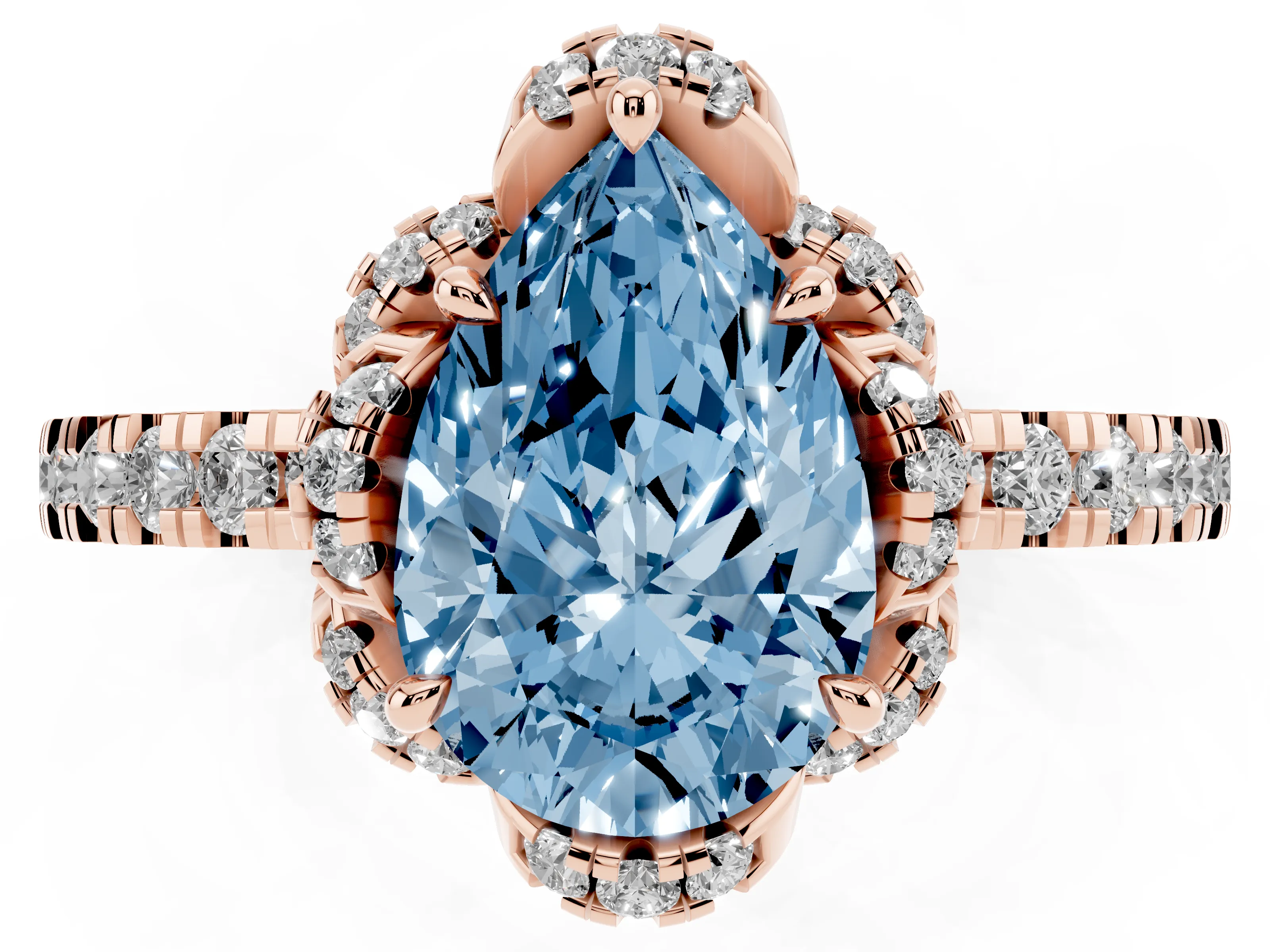 Fancy Blue Pear Cut Diamond Halo Pavé Band Ring Set in Rose gold with Prong-Held Center