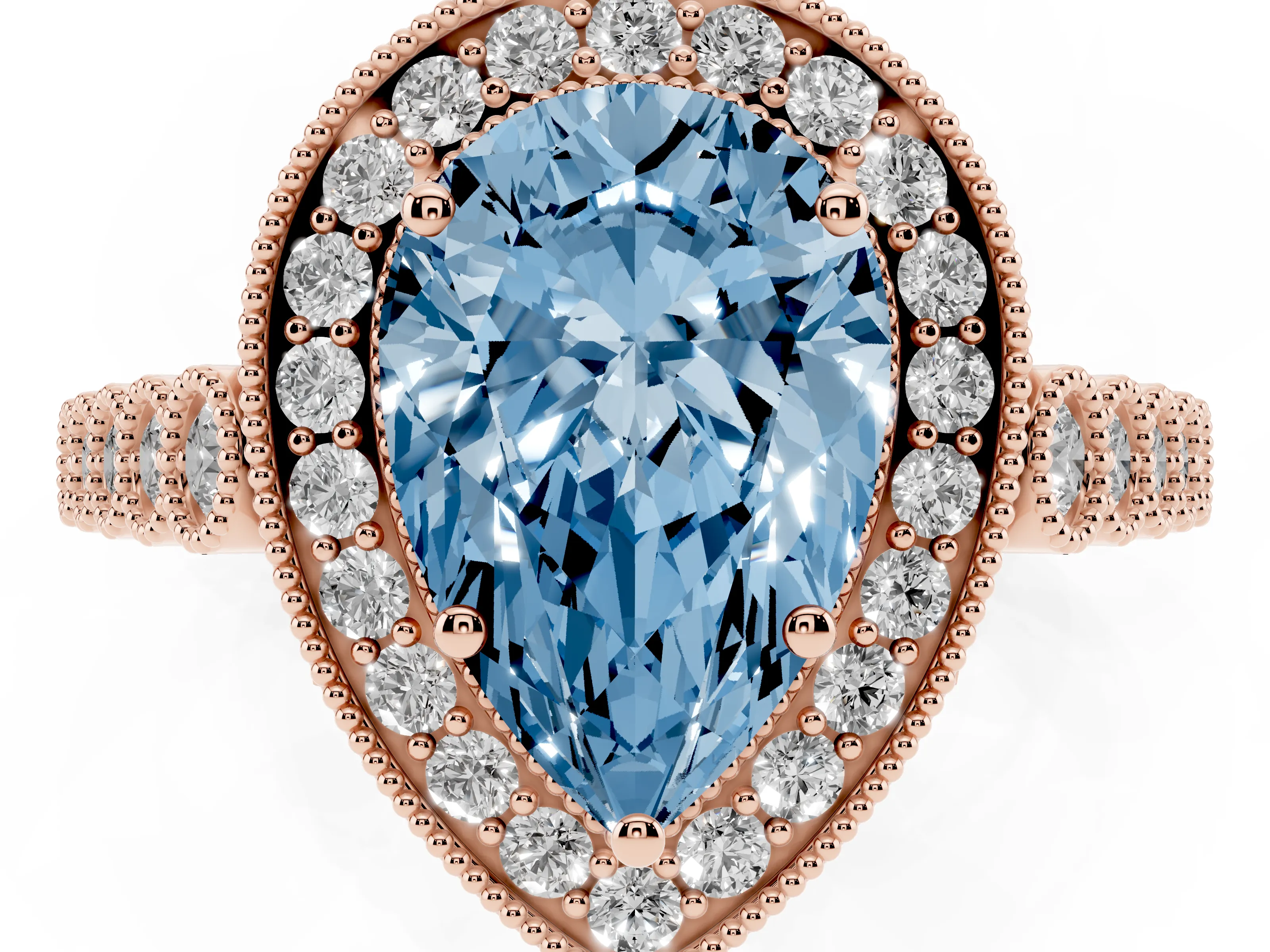 Fancy Blue Pear Cut Diamond Milgrain Halo Solitaire Ring Set in Rose gold with Bezel Set Side Stones and Pavé Band