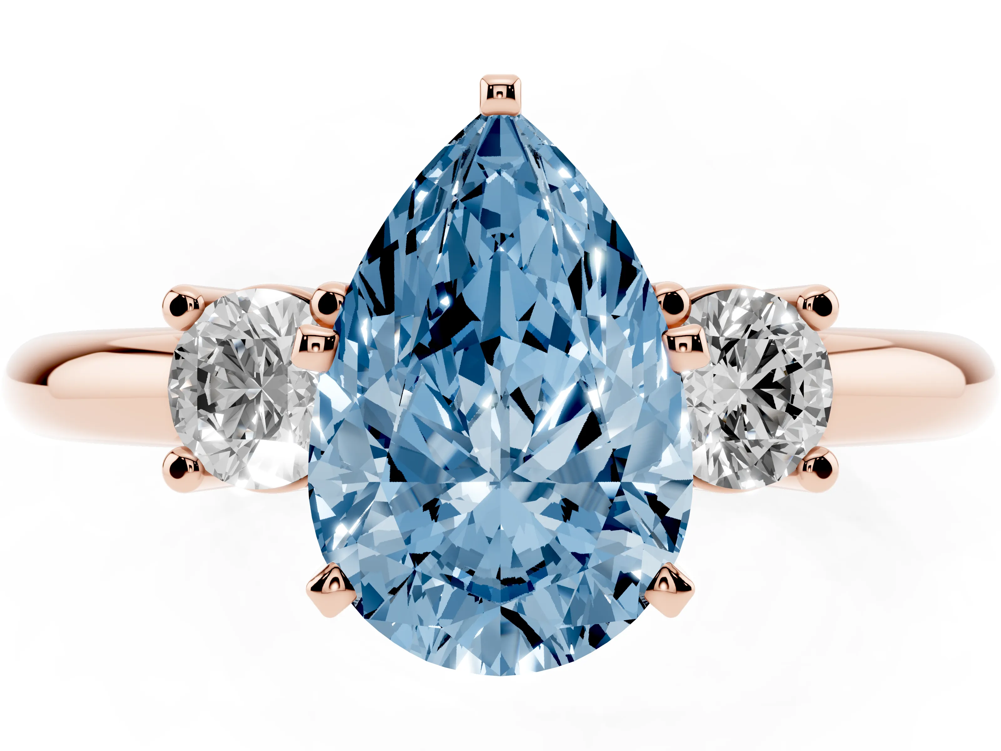 Fancy Blue Three-Stone Pear Cut Diamond Ring Set in Rose gold with Prong Setting and Plain Band