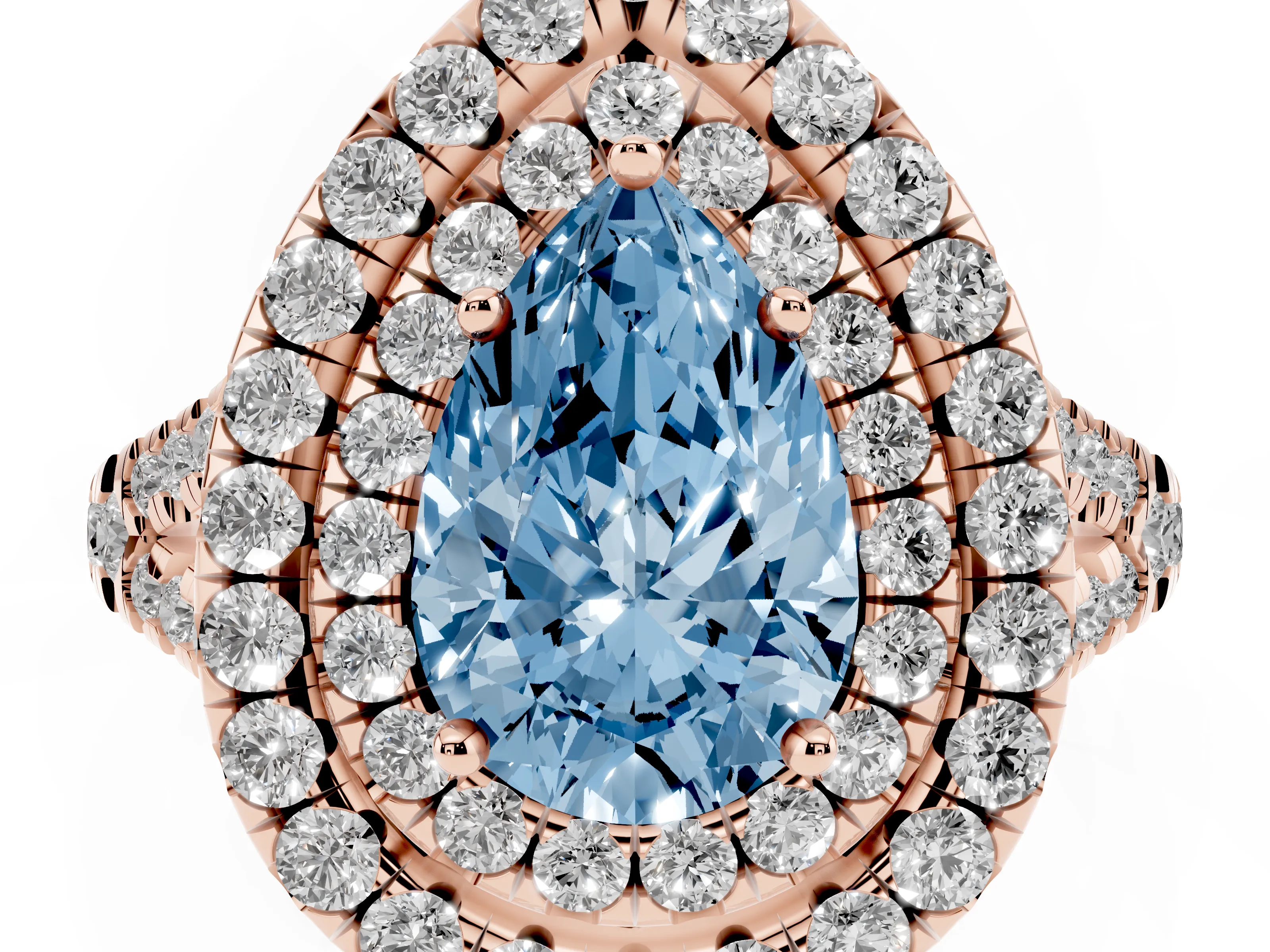 Fancy Blue Pear Cut Diamond Double Halo Ring Set in Rose gold with Pavé Split Shank and Prong Setting