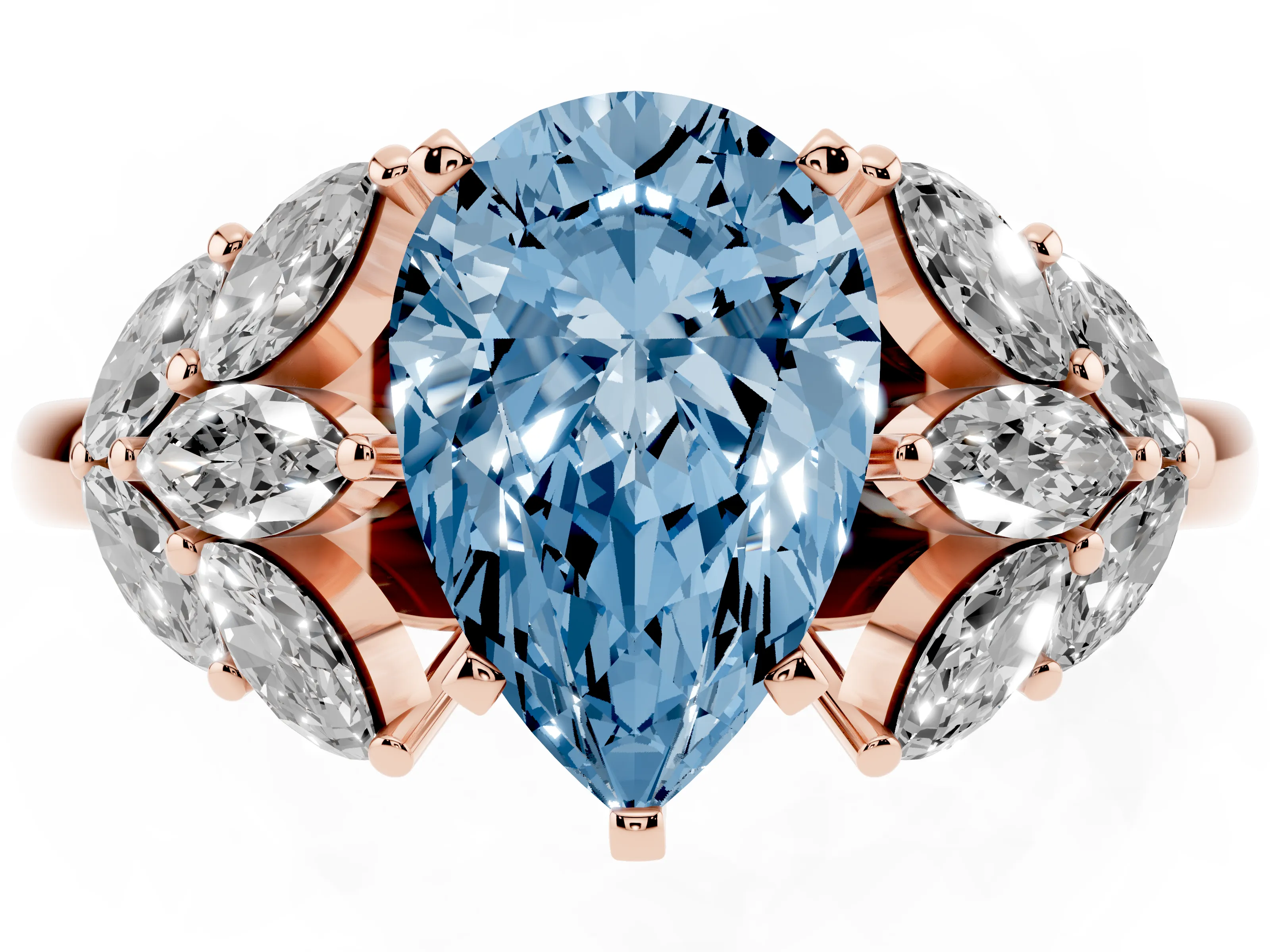 Fancy Blue Pear Cut Diamond Cluster Leaf Design Ring Set in Rose gold with Prong Setting