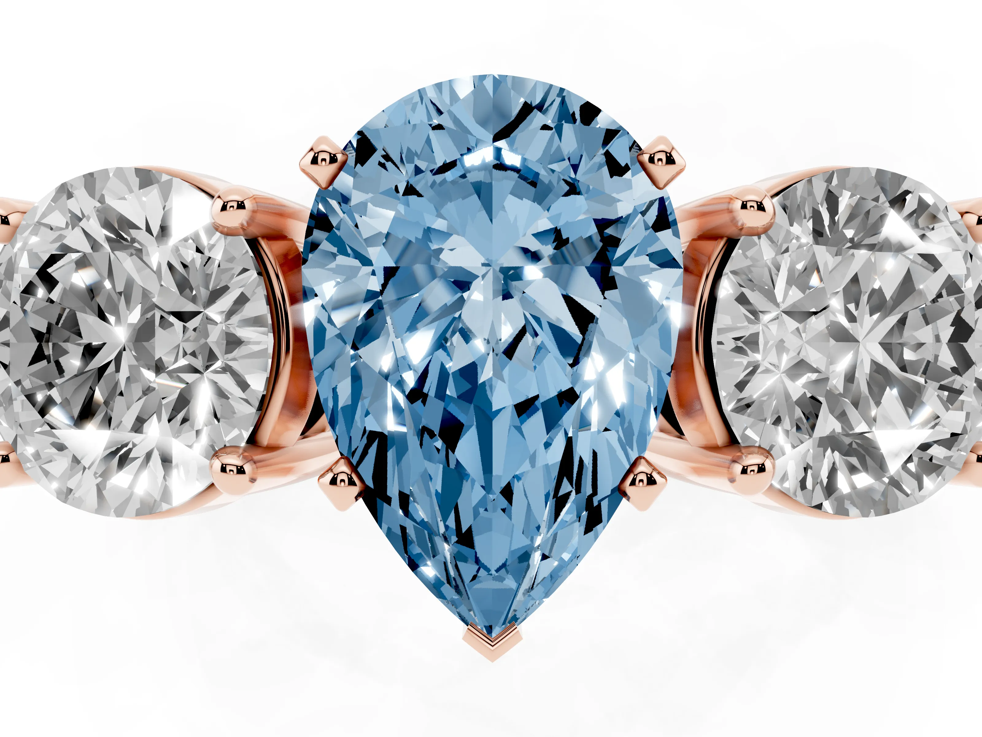 Fancy Blue Pear Cut Diamond Three-Stone Ring Set in Rose gold with Round Side Stones and Classic Band