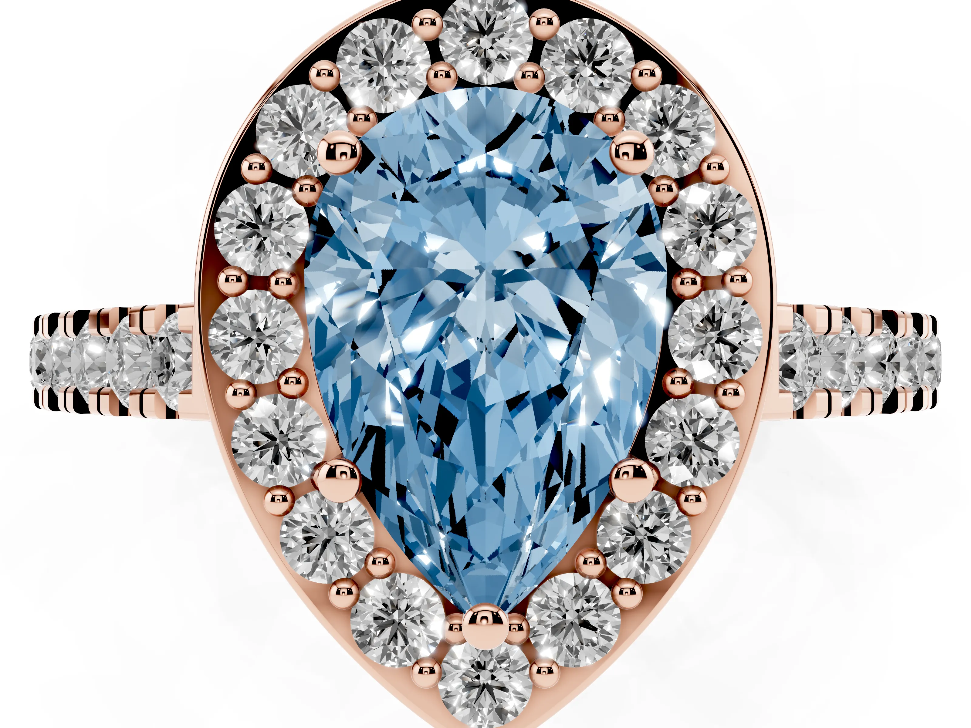 Fancy Blue Pear Cut Diamond Halo Ring Set in Rose gold with Round Pavé Split Shank and Prong Setting