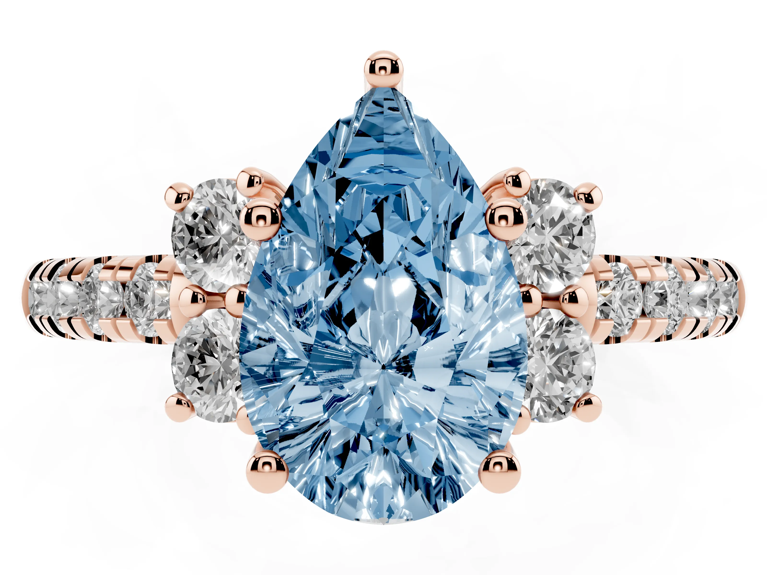 Fancy Blue Pear Cut Diamond Three-Stone Pavé Ring Set in Rose gold with Prong Setting