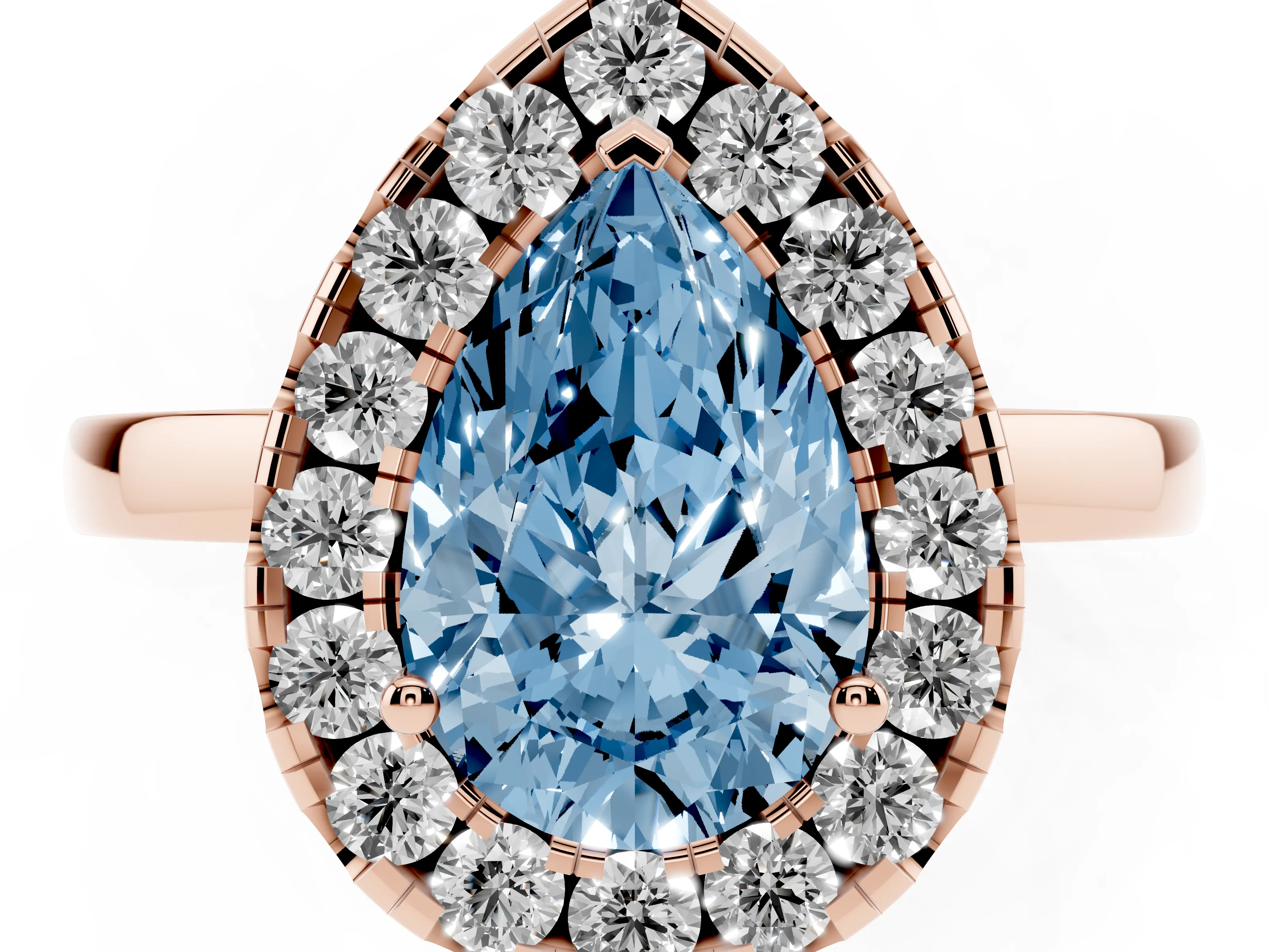 Fancy Blue Pear Cut Diamond Halo Solitaire Ring Set in Rose gold with Pavé Band and Prong Setting
