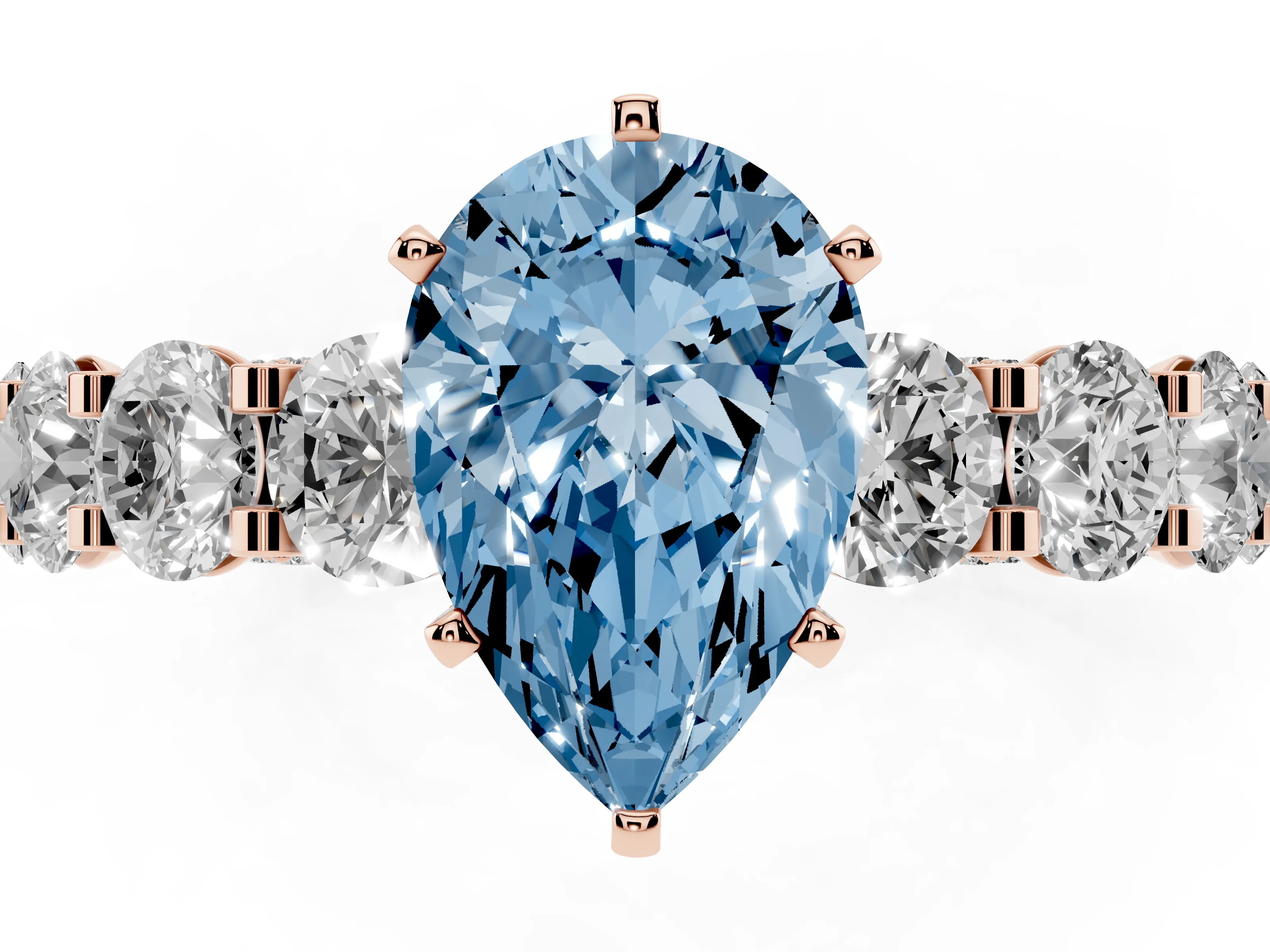 Fancy Blue Pear Cut Diamond Side Stone Ring Set in Rose gold with Alternating Round and Oval Side Stones