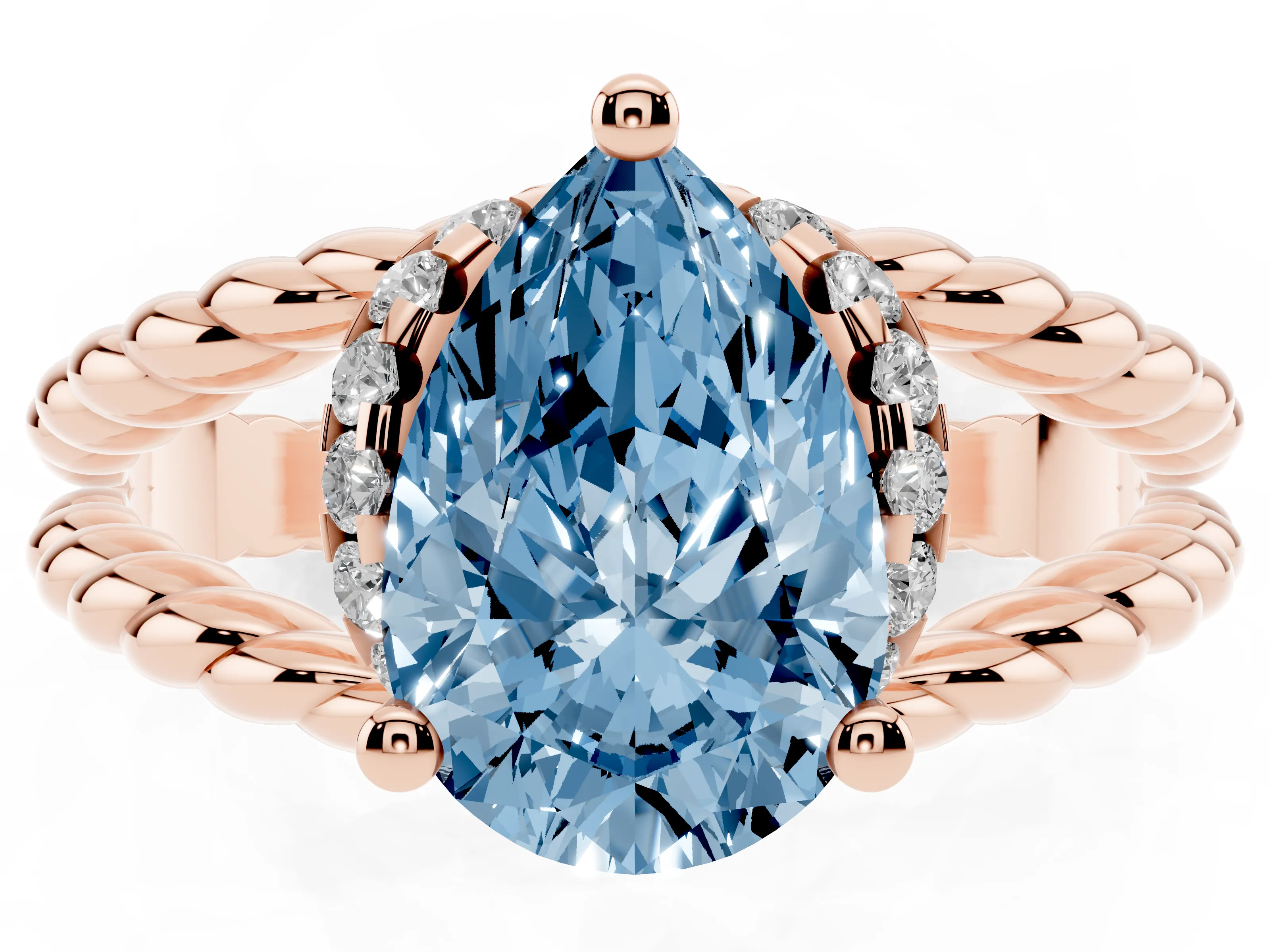 Fancy Blue Pear Cut Diamond Halo Ring Set in Rose gold with Twisted Band and Prong Setting