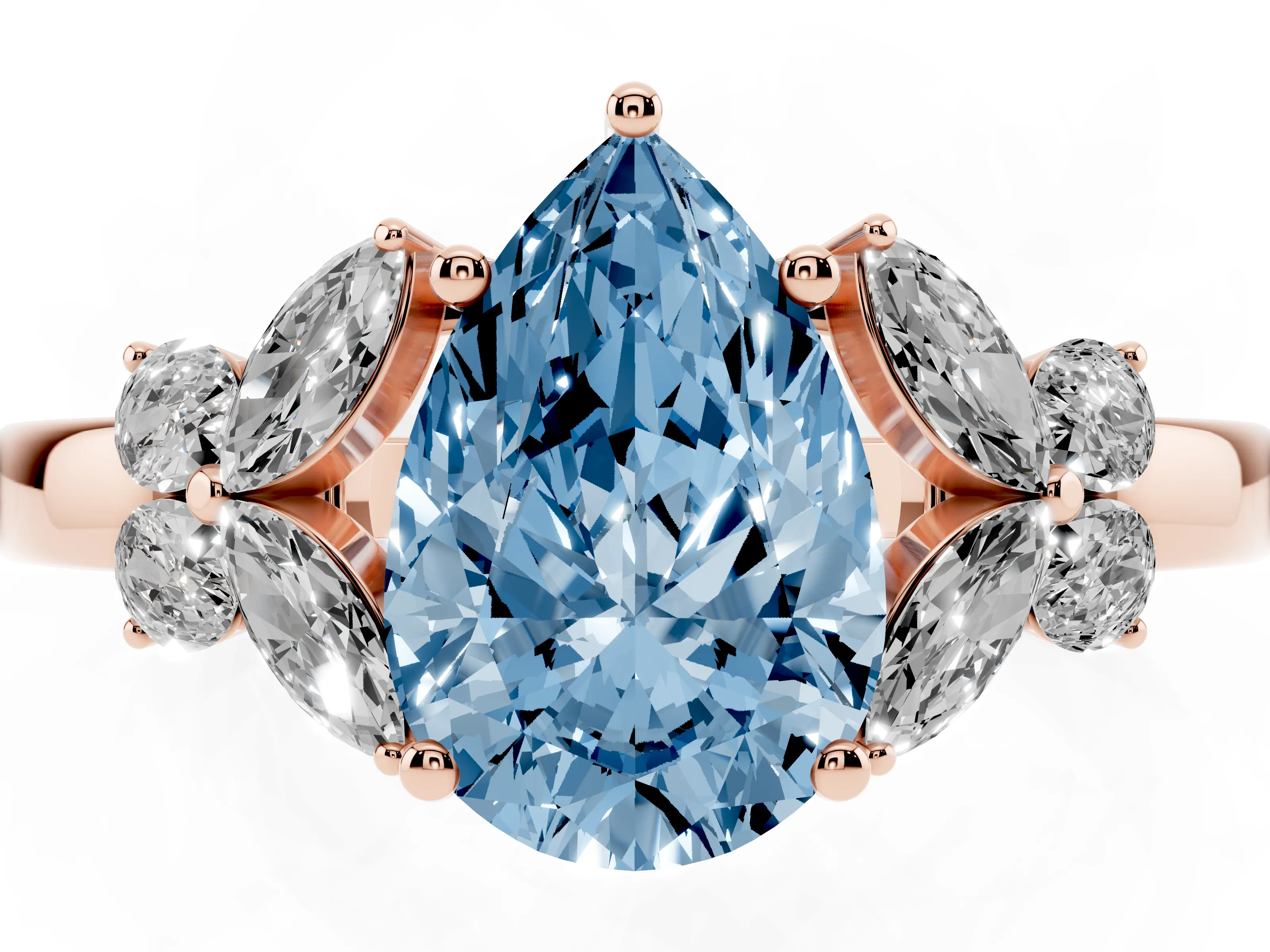 Fancy Blue Pear Cut Diamond Solitaire Floral Ring Set in Rose gold with Marquise Petals and Prong Setting