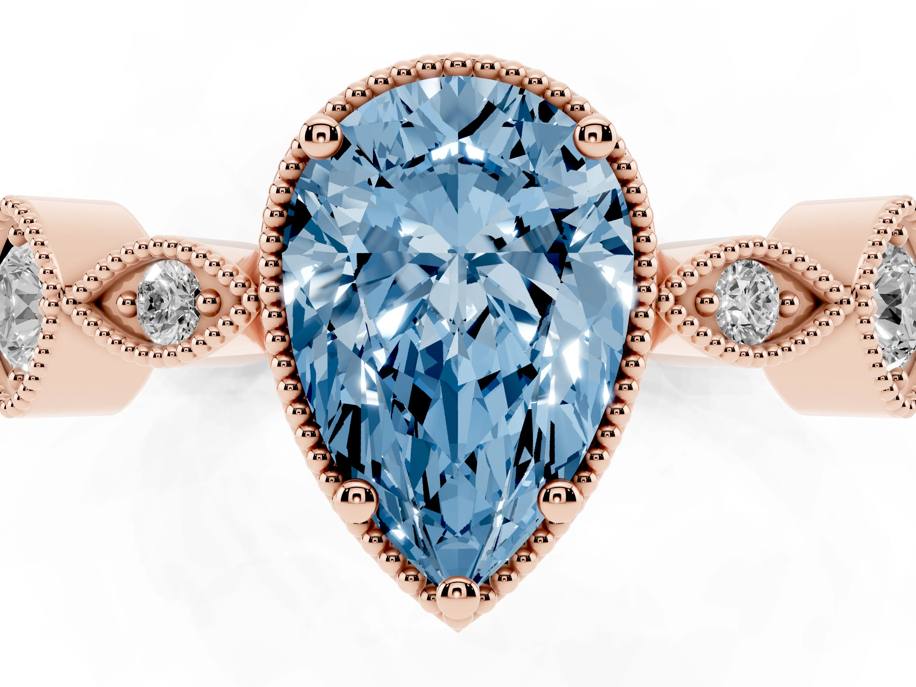 Fancy Blue Pear Cut Diamond Vintage-Inspired Milgrain Ring Set in Rose gold with Marquise Stations of Round Accents