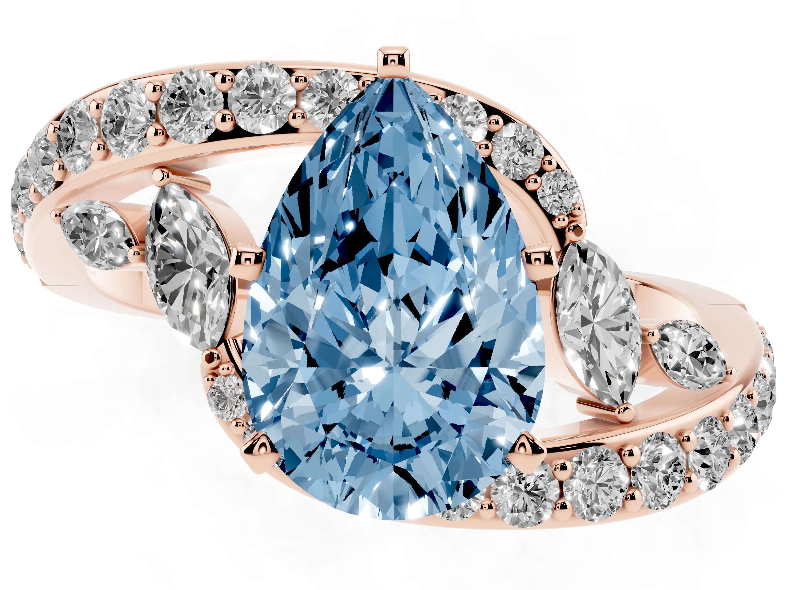 Fancy Blue Pear Cut Diamond Solitaire Ring Set in Rose gold with Pavé Twist Band and Secure Prong Setting