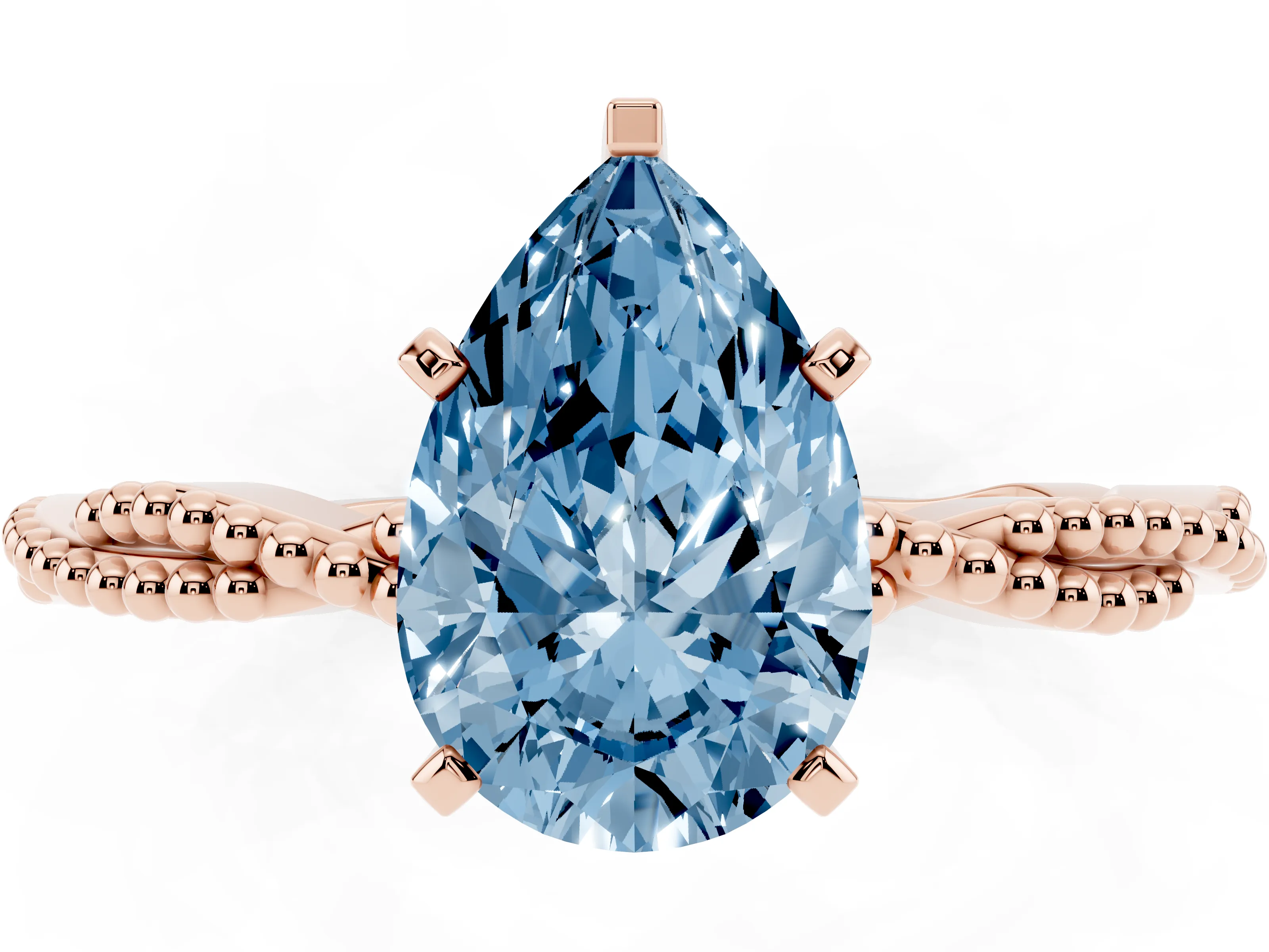 Fancy Blue Pear Cut Diamond Solitaire Ring Set in Rose gold with Twisted Band and Bead Prong Setting