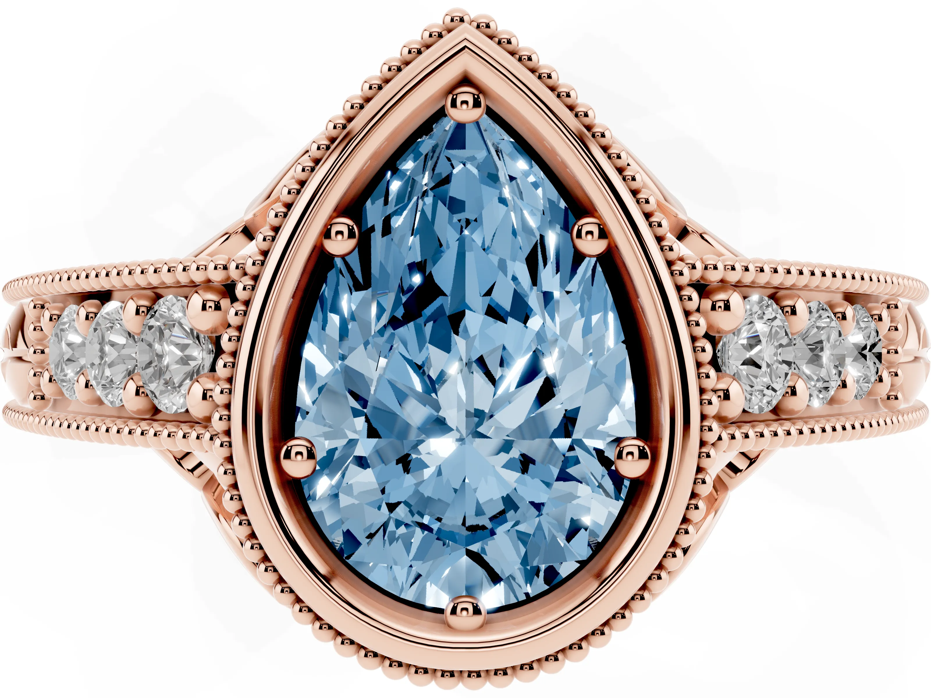 Fancy Blue Bezel Set Pear Cut Diamond Milgrain Pavé Engagement Ring Set in Rose gold