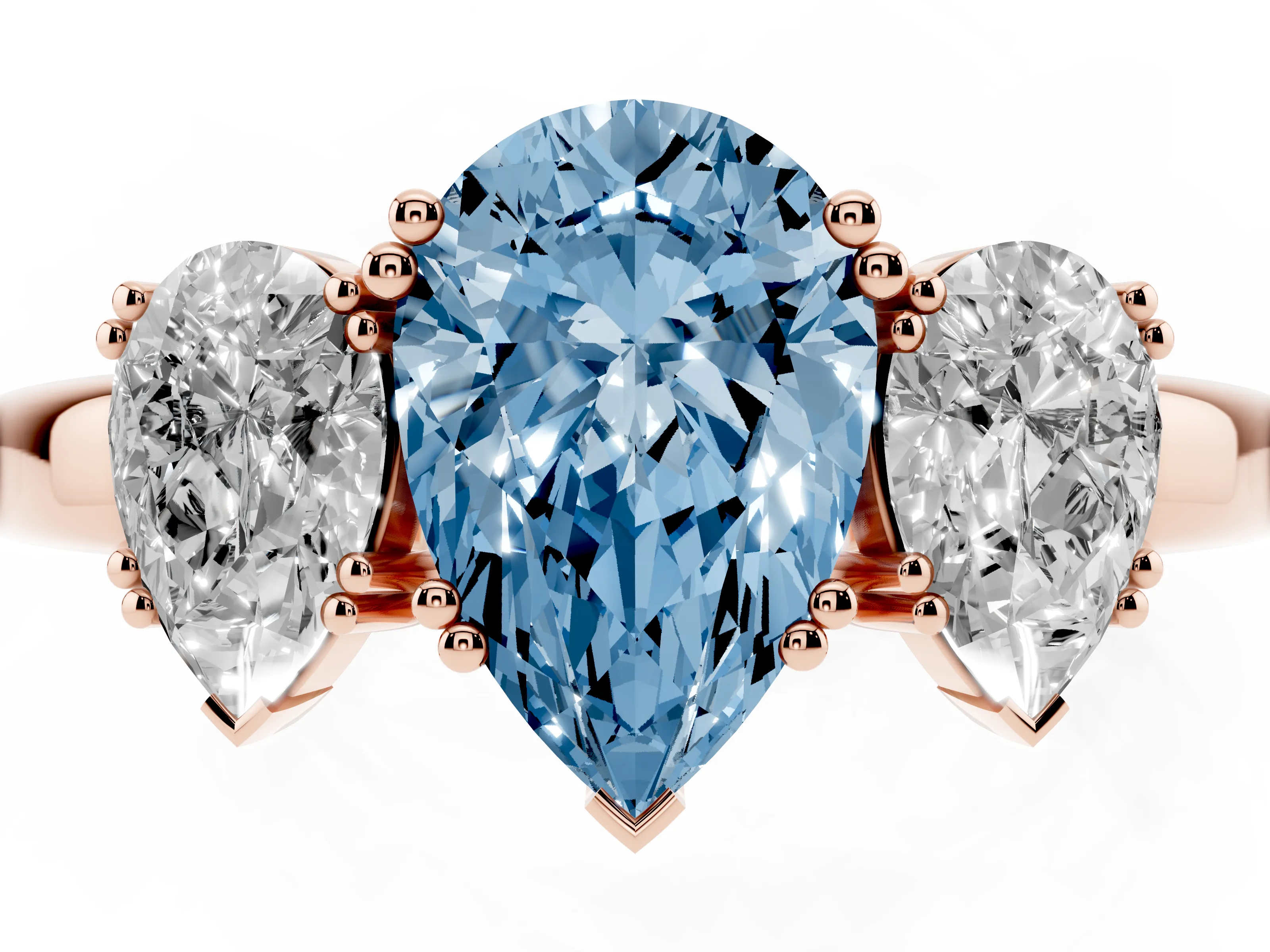 Fancy Blue Pear Cut Diamond Three-Stone Ring Set in Rose gold with Polished Channel-Set Band