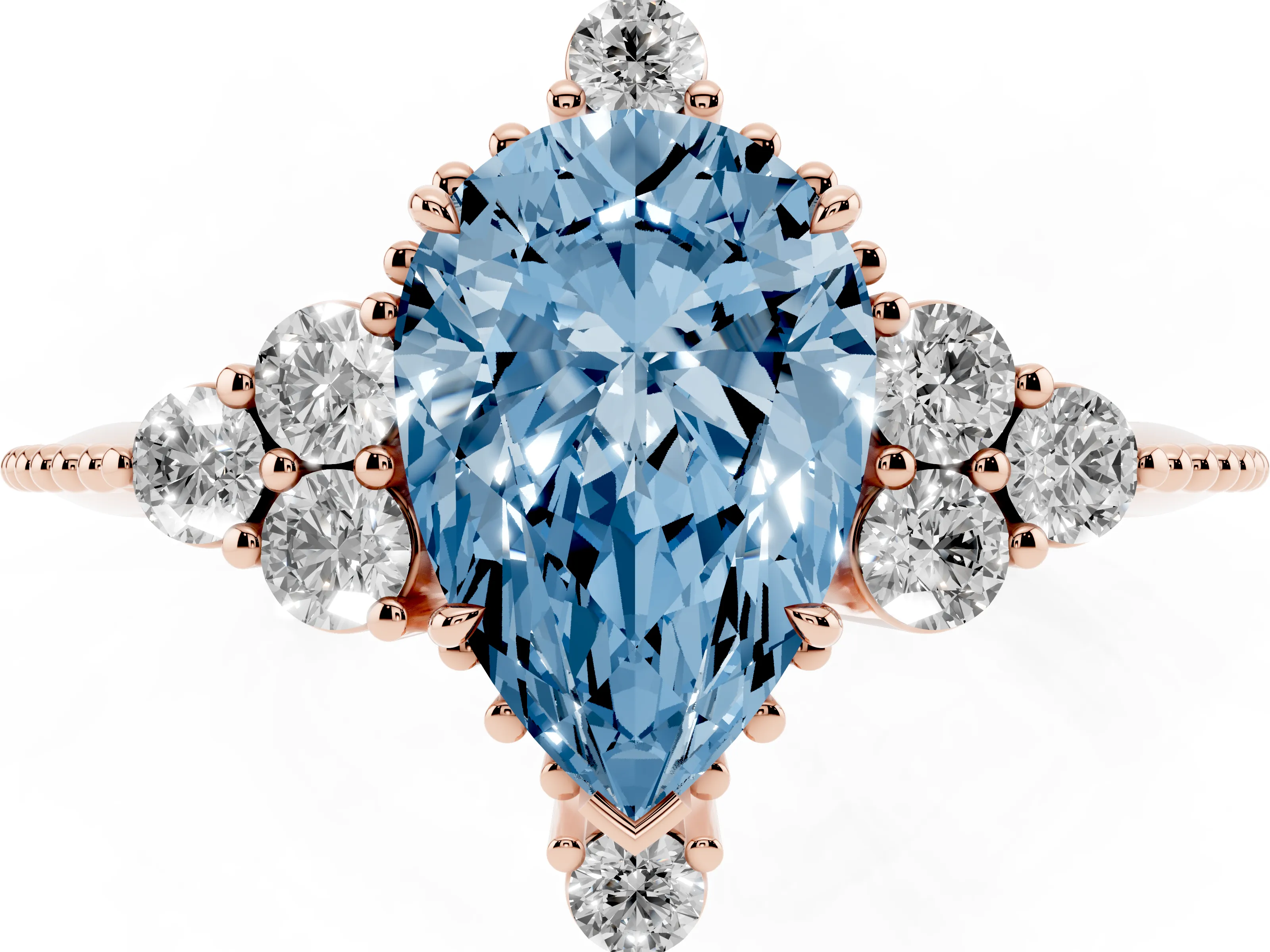 Fancy Blue Pear Cut Diamond Cluster Ring Set in Rose gold with Beaded Band