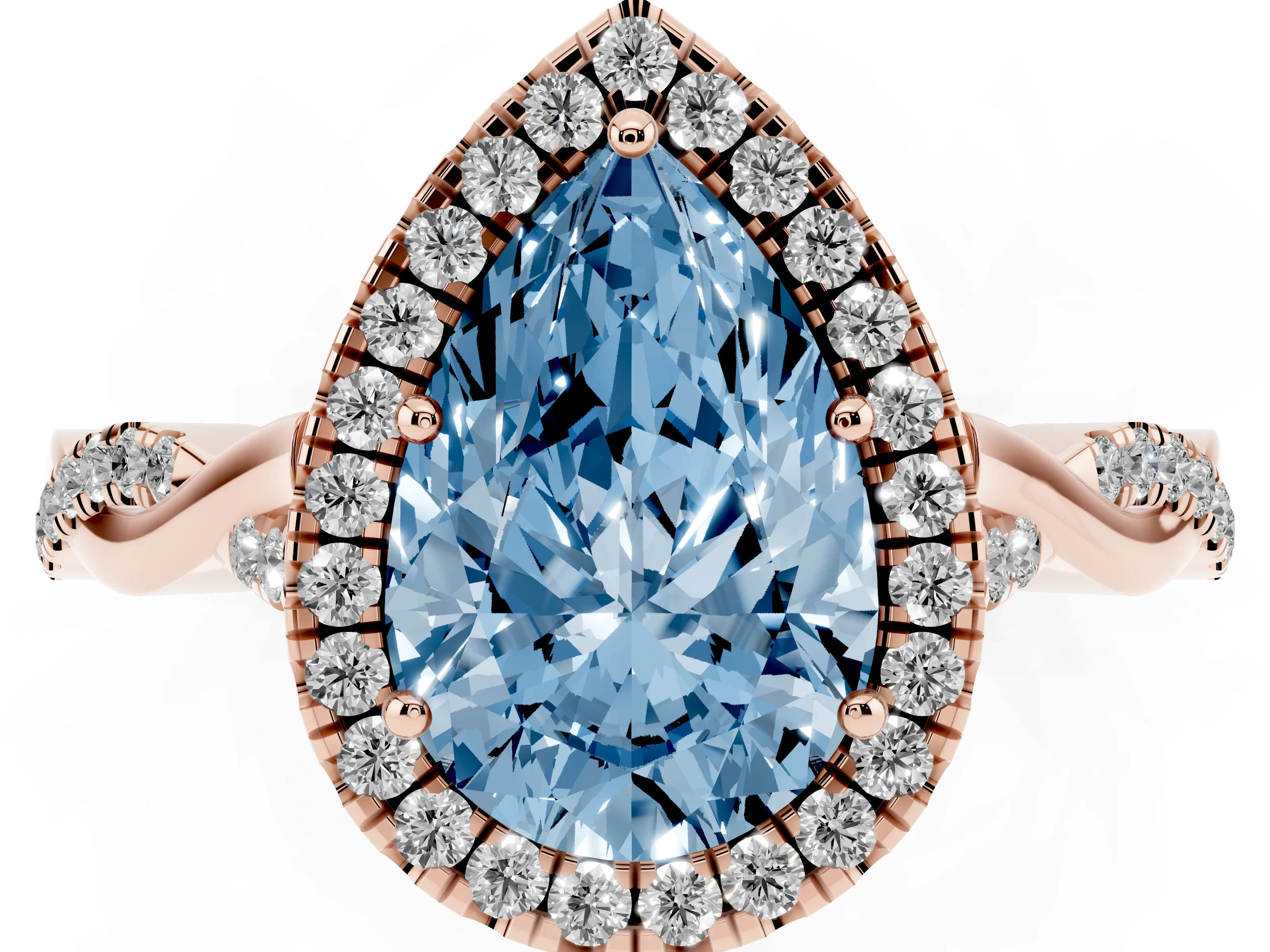 Fancy Blue Pear Cut Diamond Halo Twist Band Solitaire Ring Set in Rose gold with Prong Setting