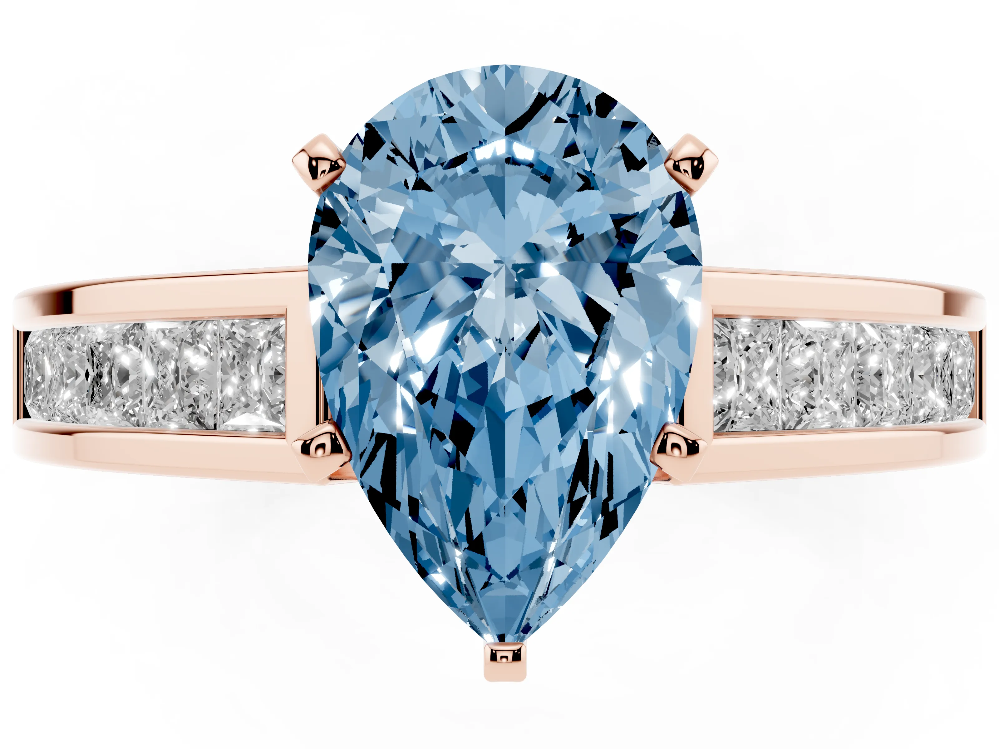 Fancy Blue Pear Cut Diamond Solitaire Ring Set in Rose gold with Channel-Set Band and Prong Setting