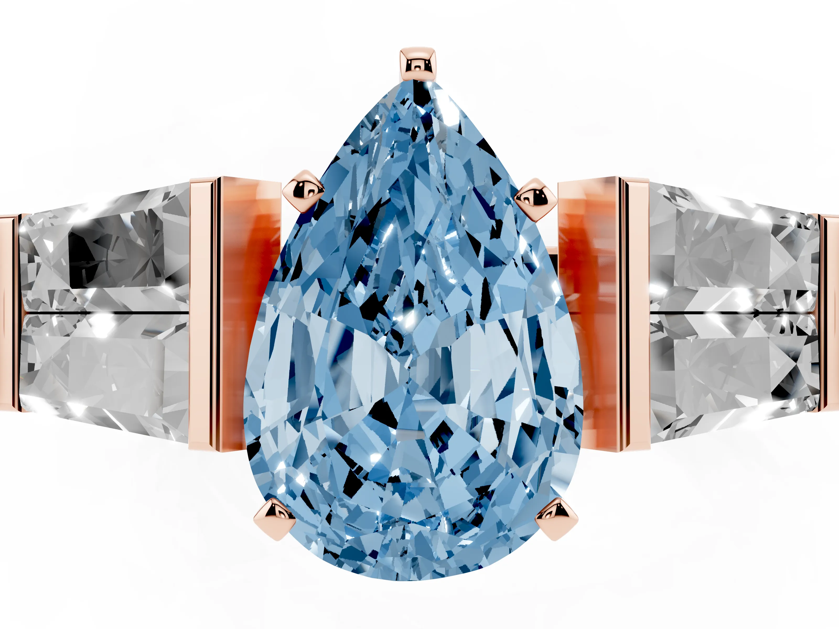 Fancy Blue Pear Cut Diamond Engagement Ring Set in Rose gold with Baguette Side Stones and Channel Set Band