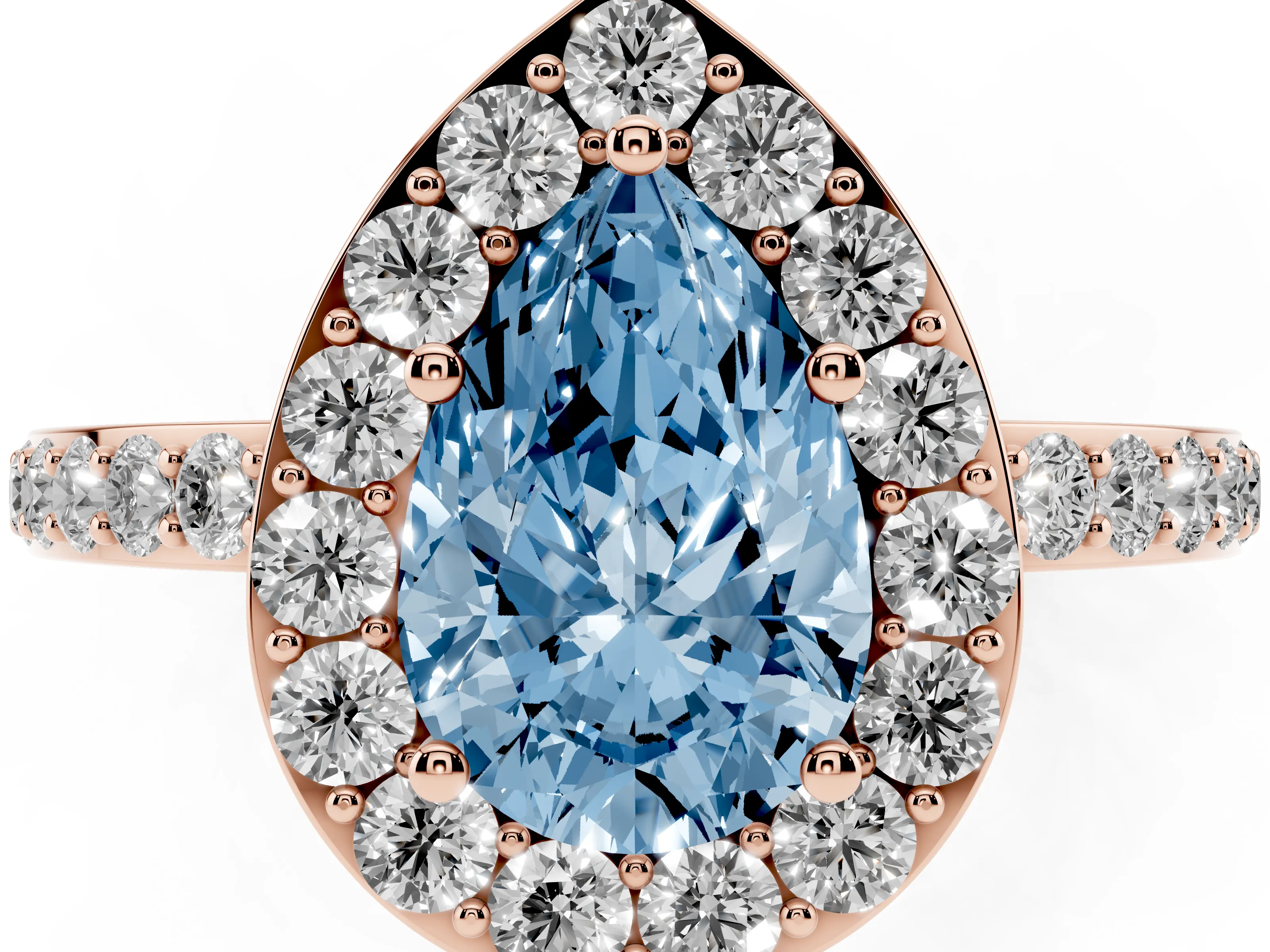Fancy Blue Pear Cut Diamond Halo Ring Set in Rose gold with Pavé-Setting Band and Open Prong Center