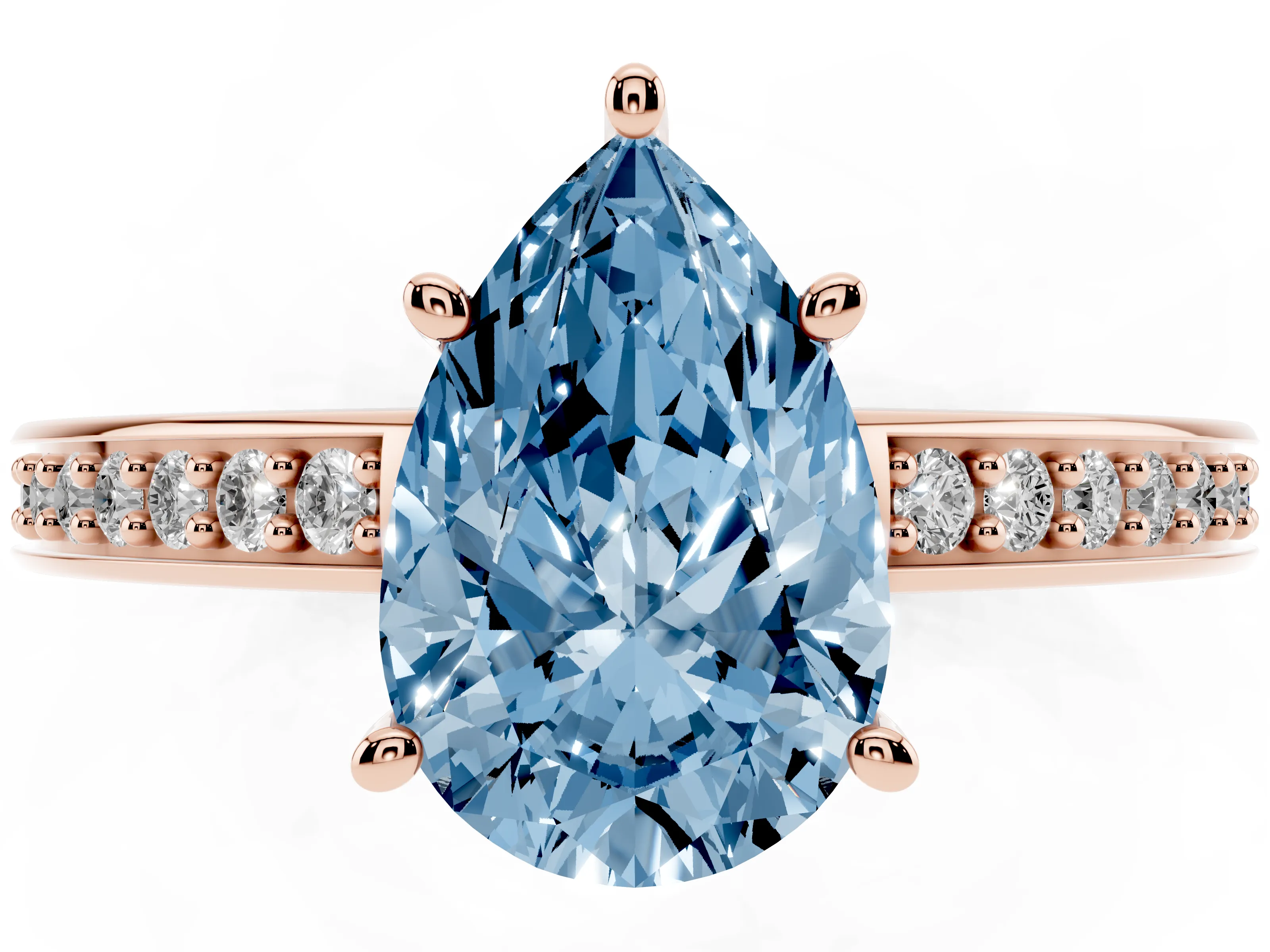 Fancy Blue Pear Cut Diamond Pavé Band Prong Set Solitaire Ring Set in Rose gold