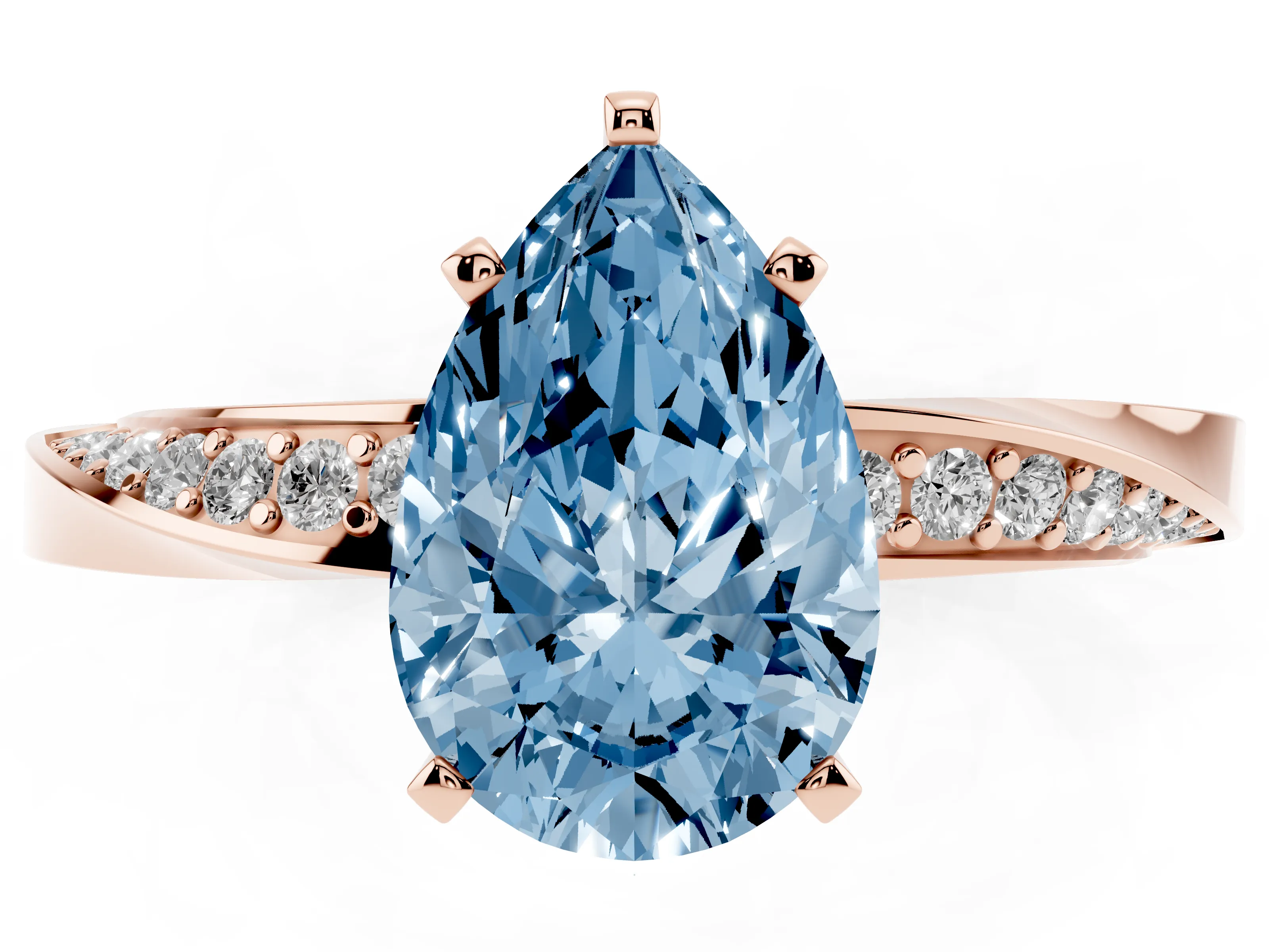 Fancy Blue Pear Cut Diamond Engagement Ring Set in Rose gold with Side Stone Accents and Prong Setting