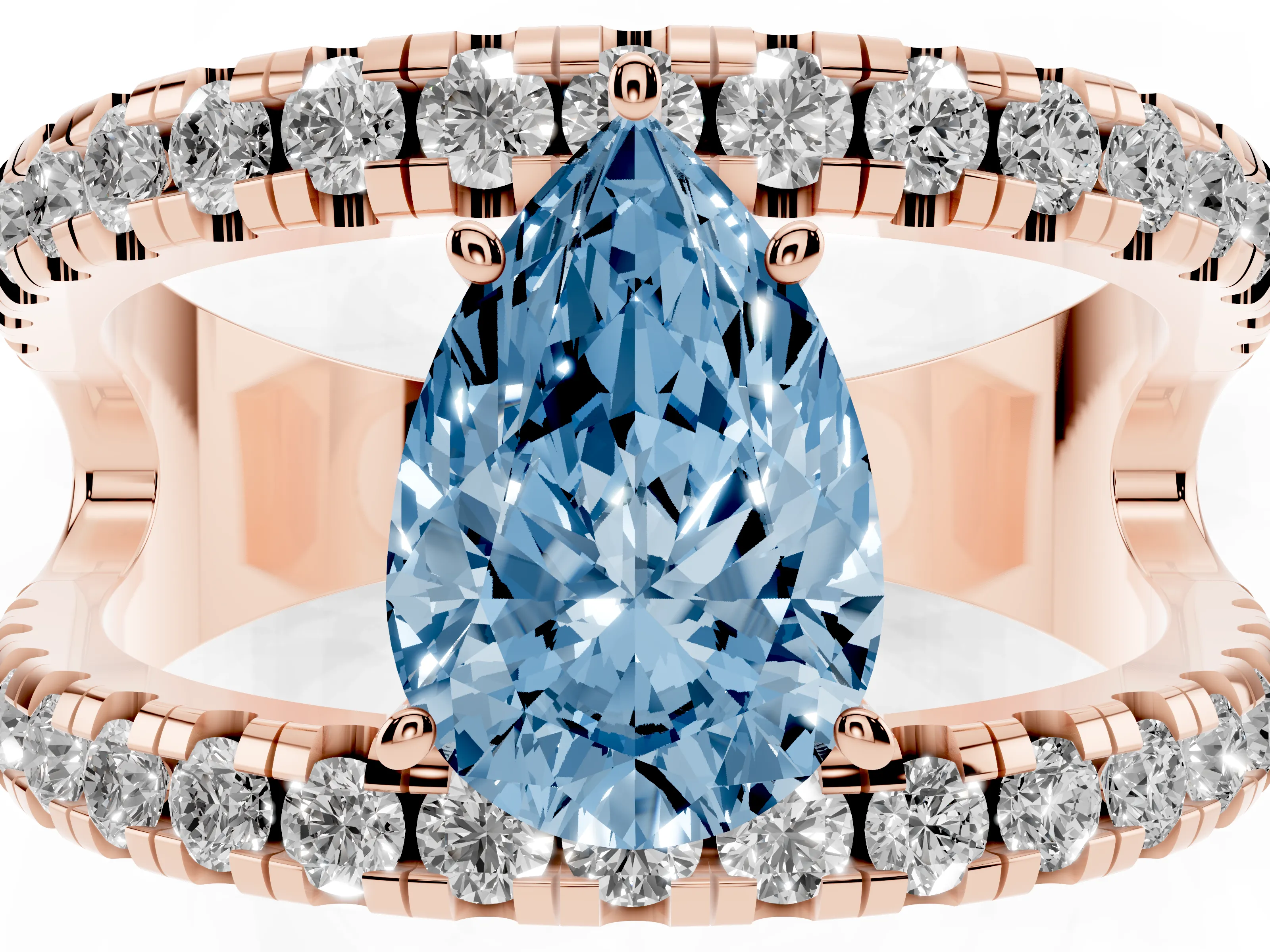 Fancy Blue Pear Cut Diamond Split Shank Pavé Solitaire Ring Set in Rose gold with Open Shank Design