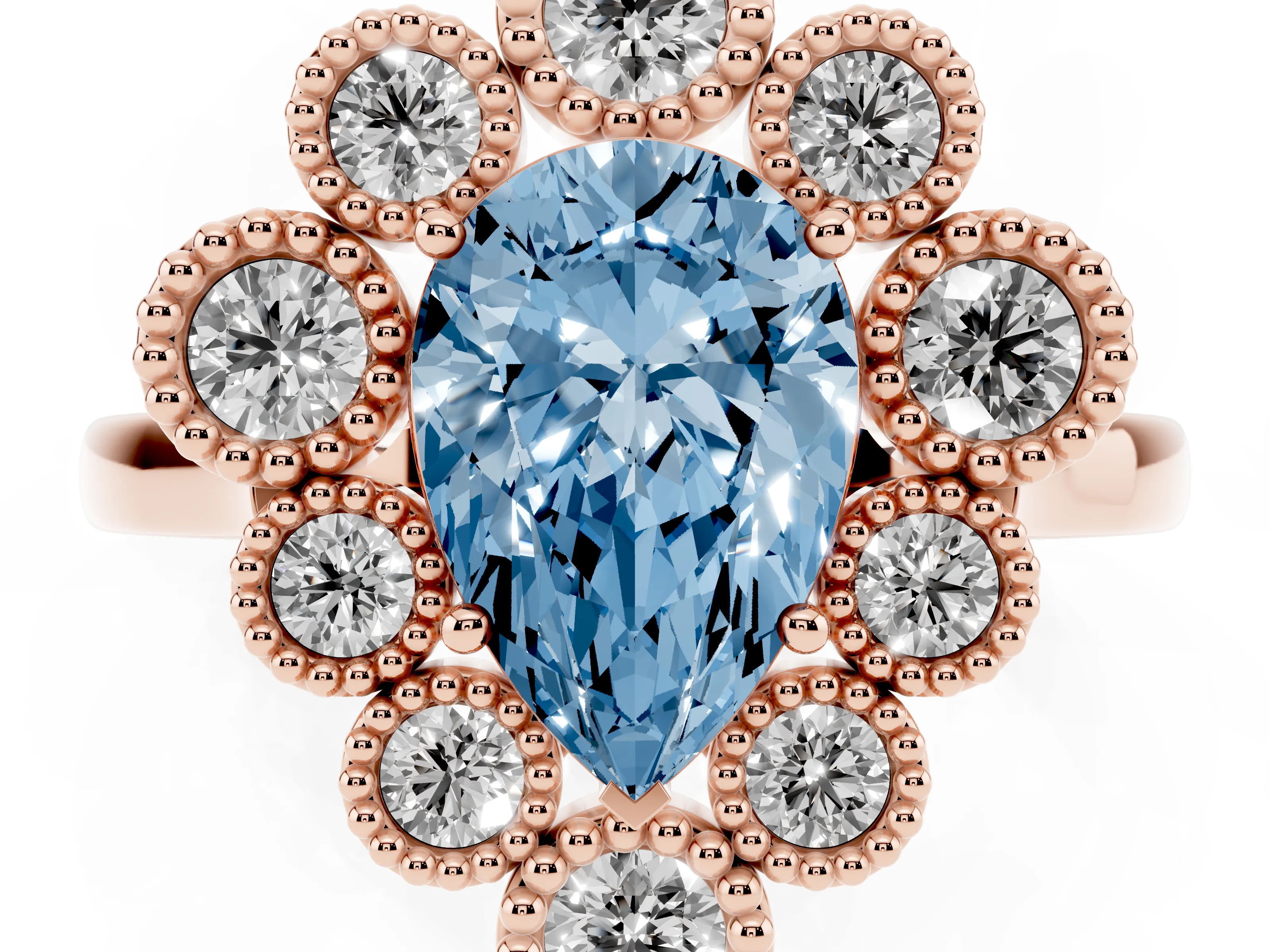 Fancy Blue Pear Cut Diamond Cluster Halo Ring Set in Rose gold with Milgrain Bezel Accents and Plain Band