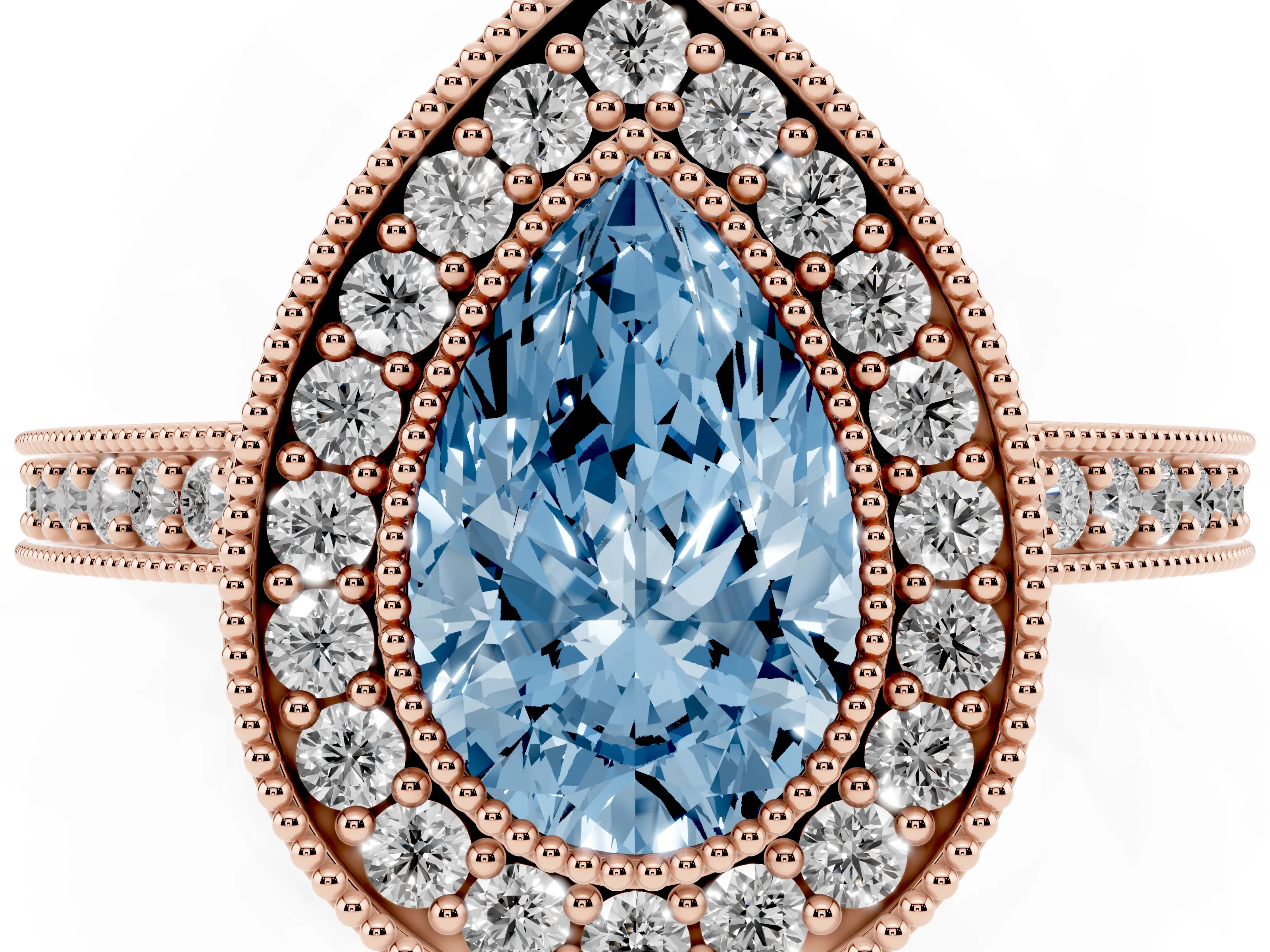 Fancy Blue Pear Cut Diamond Halo Engagement Ring Set in Rose gold with Pavé Band and Round Halo Stones