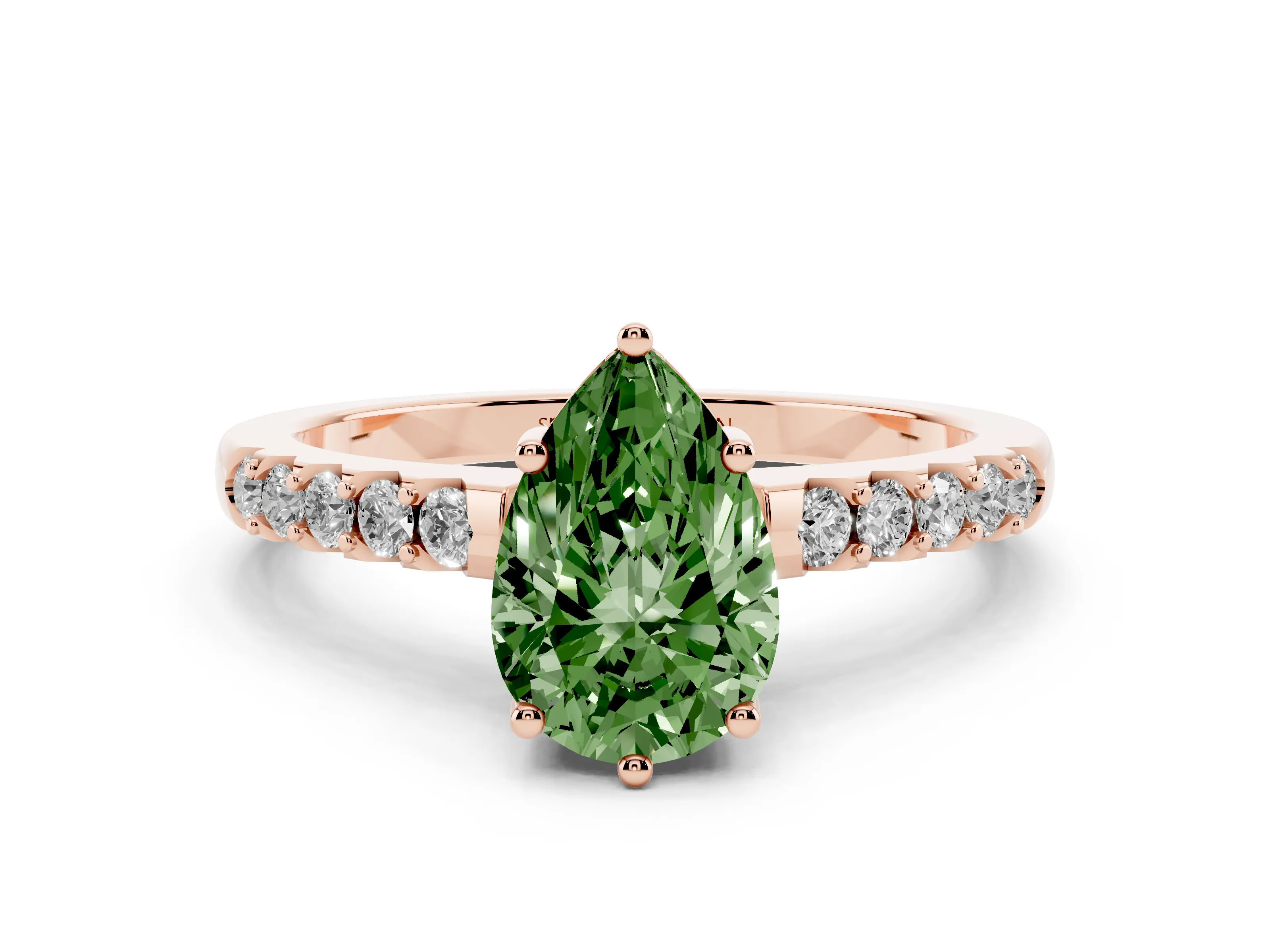 Fancy Green Pear Cut Diamond Solitaire Engagement Ring Set in Rose gold with Pavé Band and Prong Setting
