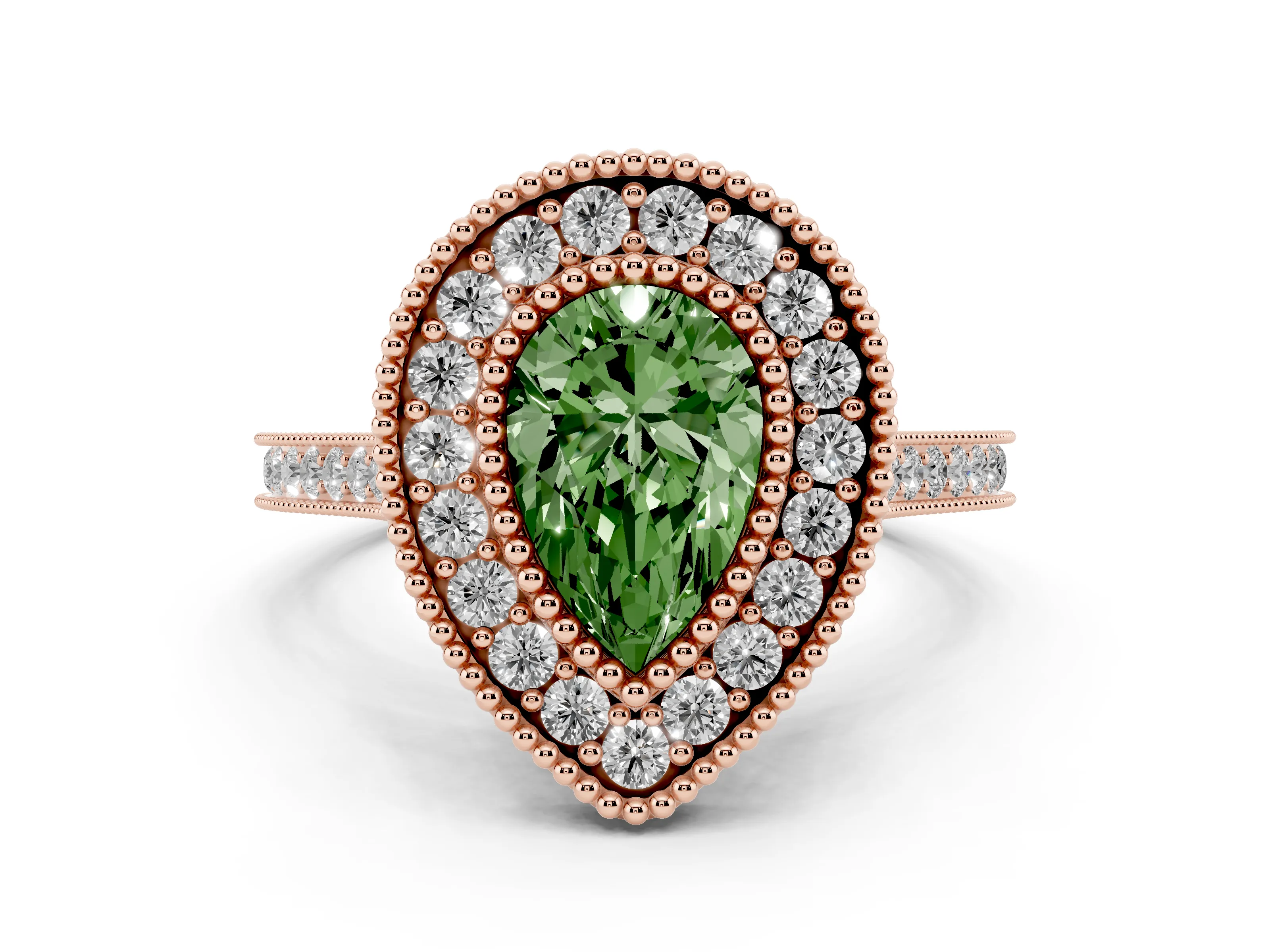 Fancy Green Pear Cut Diamond Halo Ring Set in Rose gold with Milgrain Frame and Pavé Band