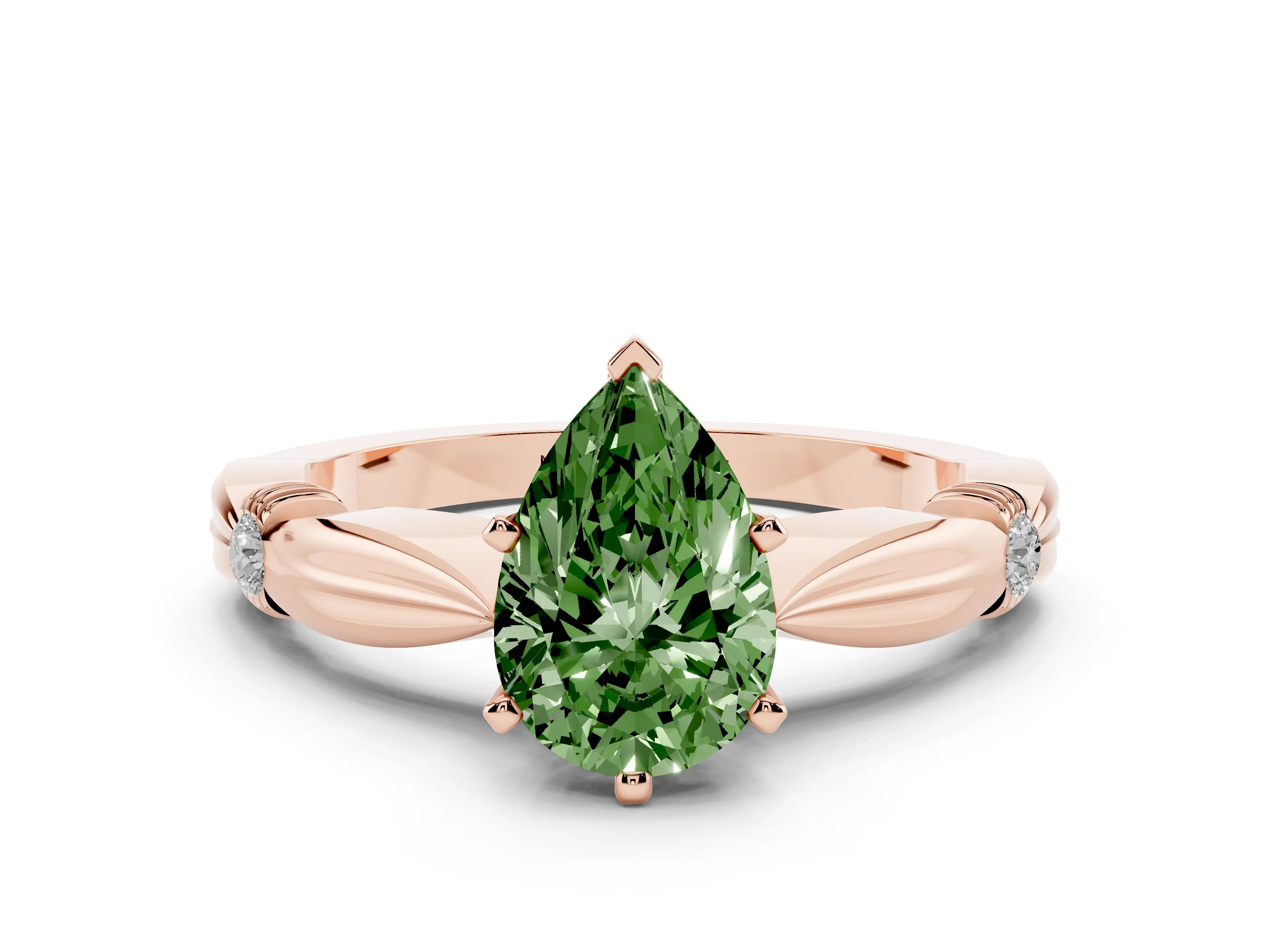 Fancy Green Pear Cut Diamond Solitaire Twisted Band Ring Set in Rose gold with Accent Stones and Prong Setting
