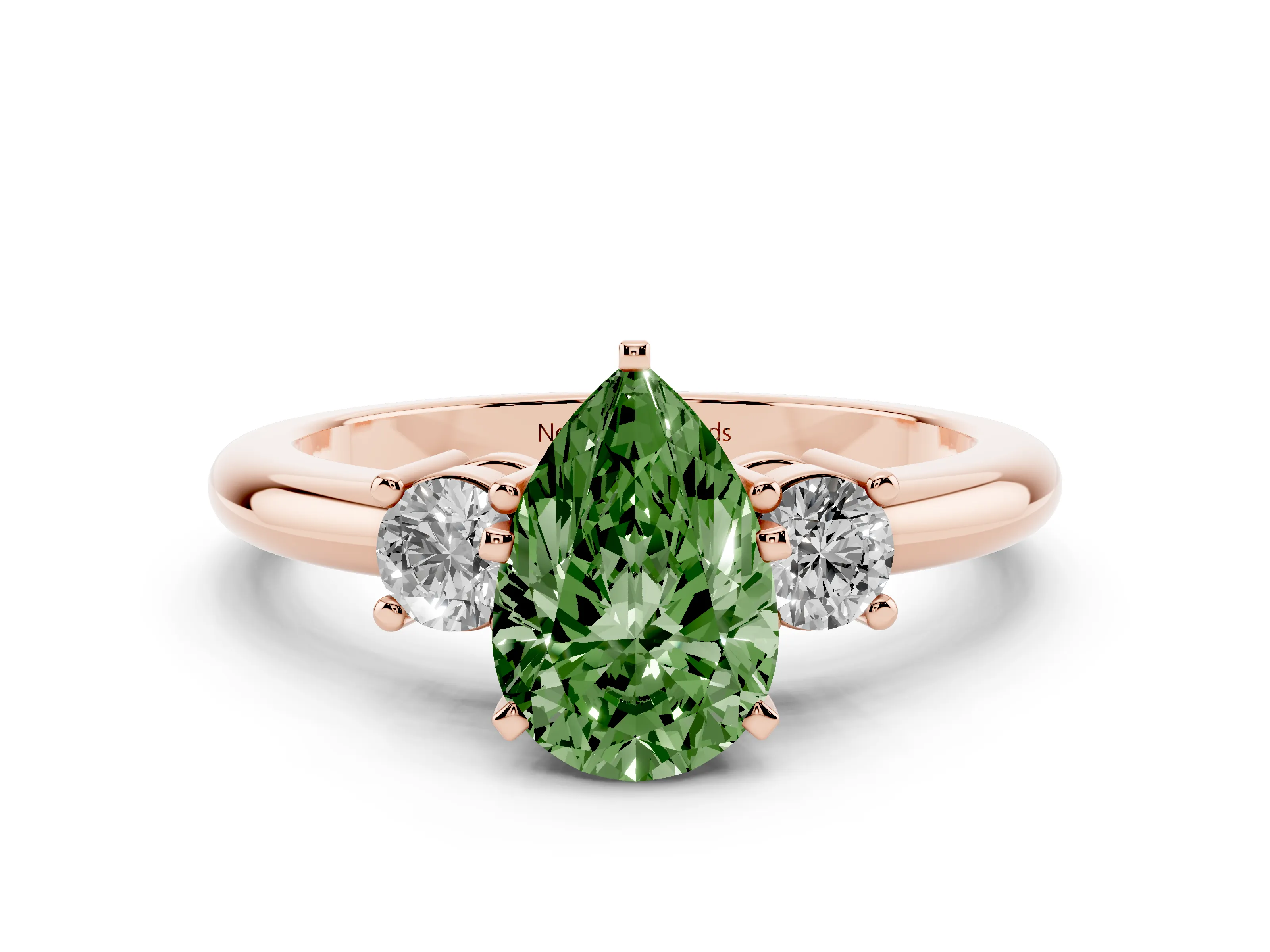 Fancy Green Three-Stone Pear Cut Diamond Ring Set in Rose gold with Prong Setting and Plain Band