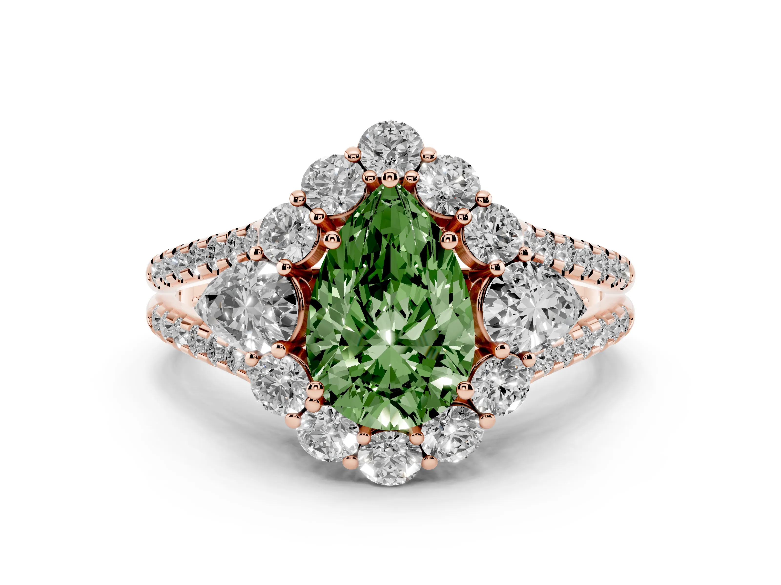 Fancy Green Pear Cut Diamond Halo Split Shank Engagement Ring Set in Rose gold with Prong-Held Center Stone