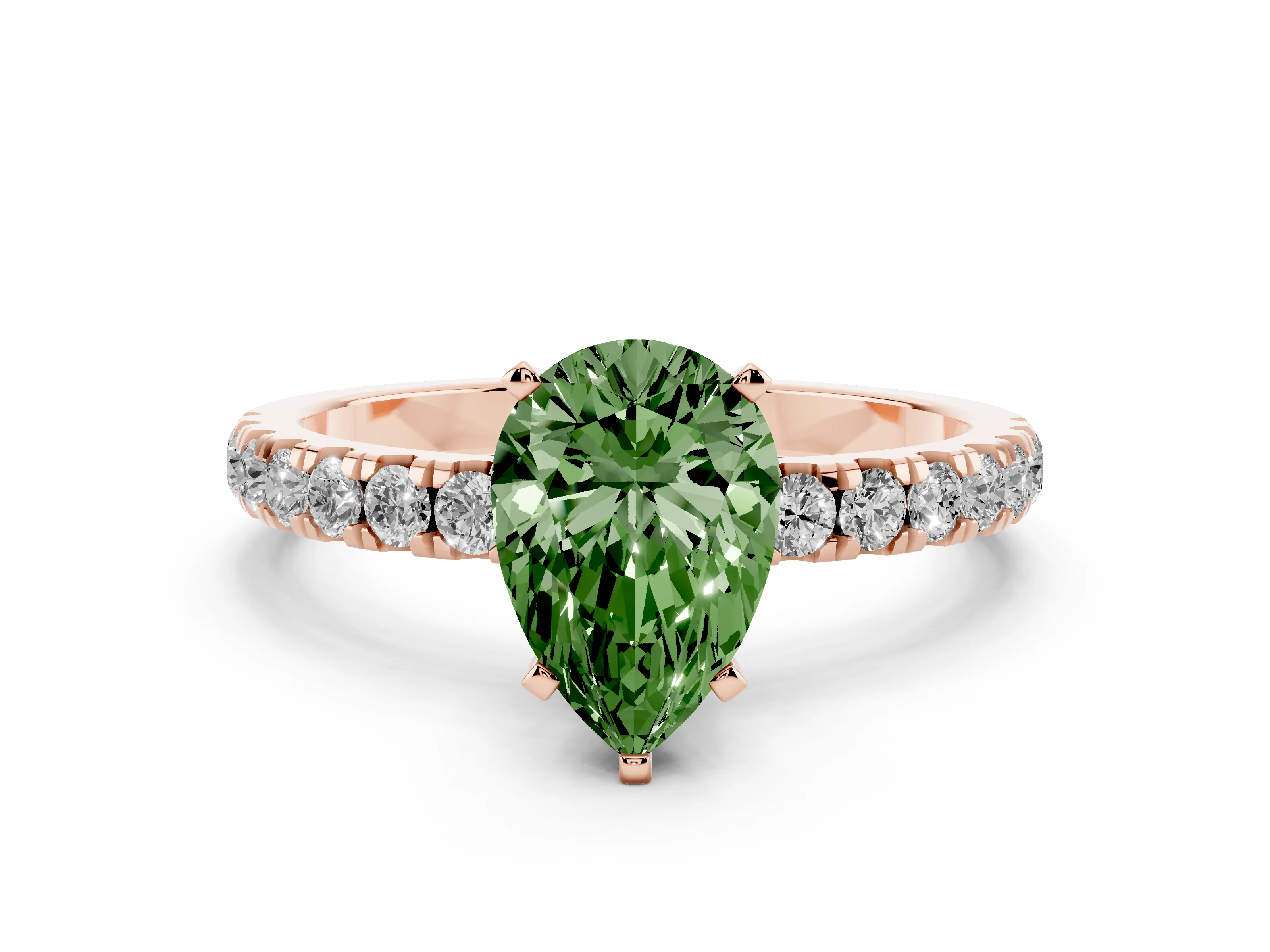 Fancy Green Pear Cut Diamond Solitaire Ring Set in Rose gold with Pavé Accents and Prong Setting