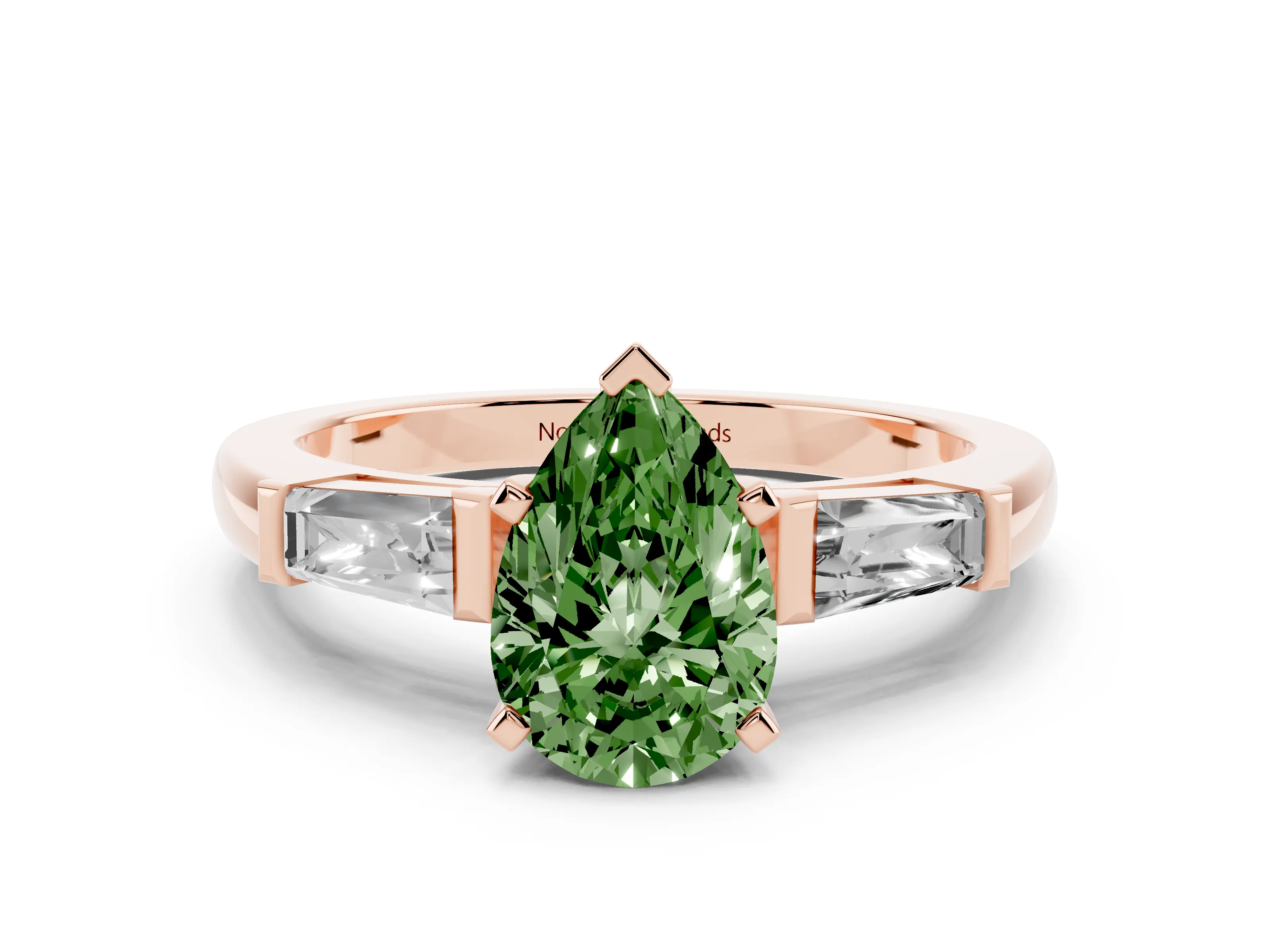 Fancy Green Pear Cut Diamond Solitaire Ring Set in Rose gold with Tapered Baguette Side Stones and Prong Setting