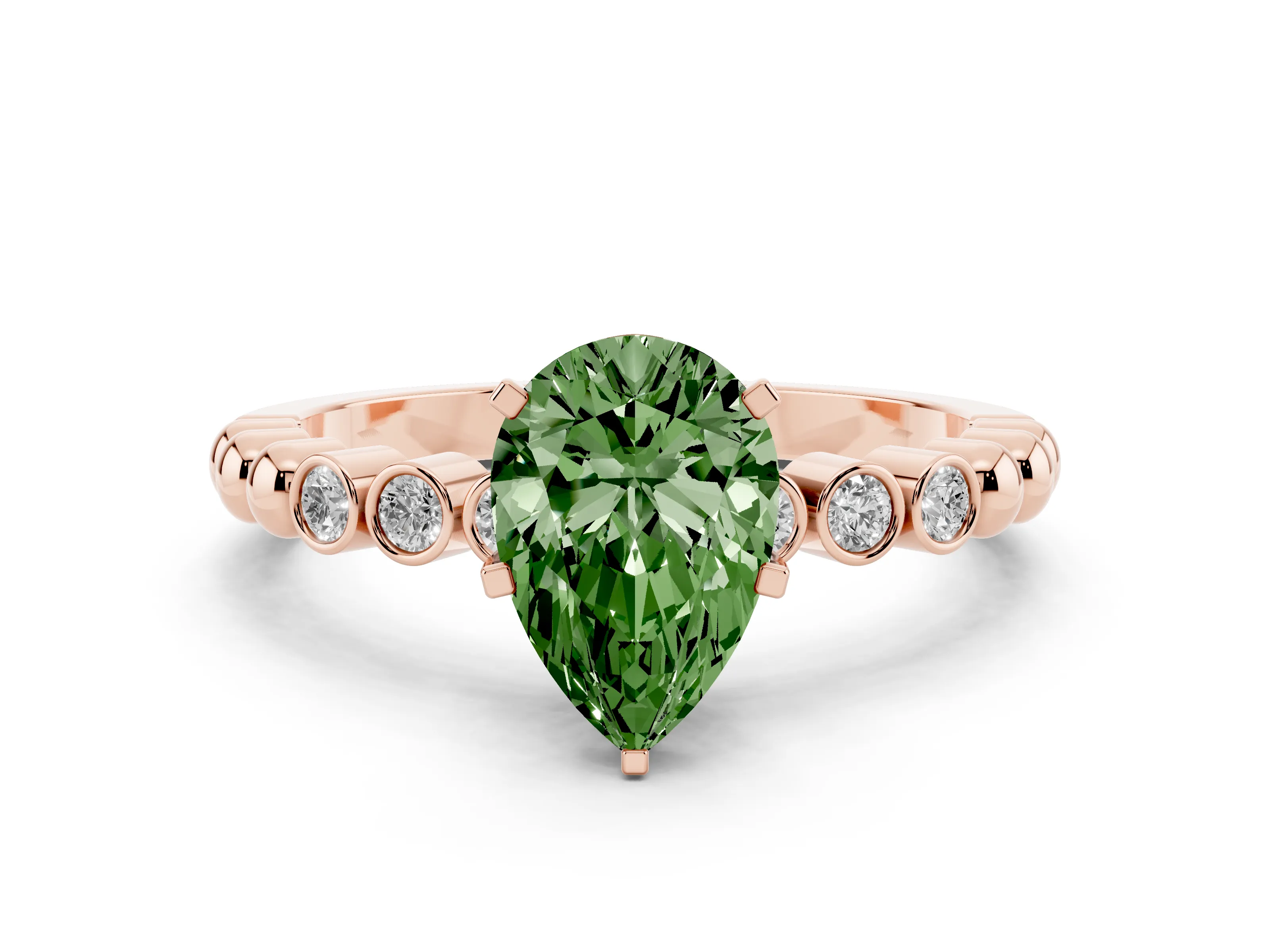 Fancy Green Pear Cut Diamond Solitaire Engagement Ring Set in Rose gold with Bezel Accents on Beaded Band