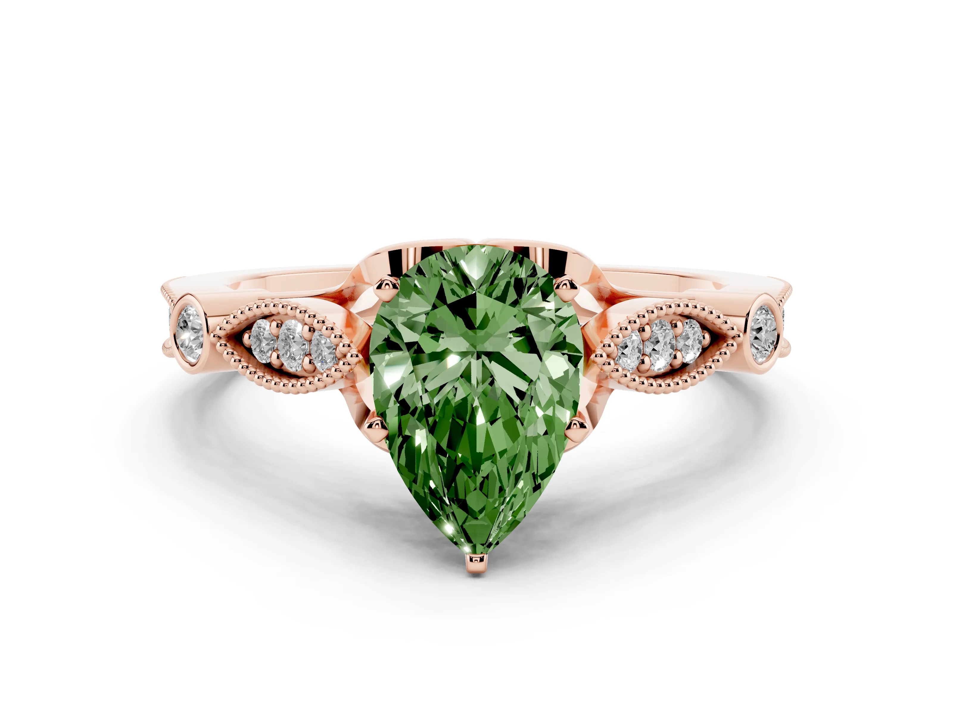 Fancy Green Pear Cut Diamond Solitaire Ring Set in Rose gold with Milgrain Marquise and Bezel Accents