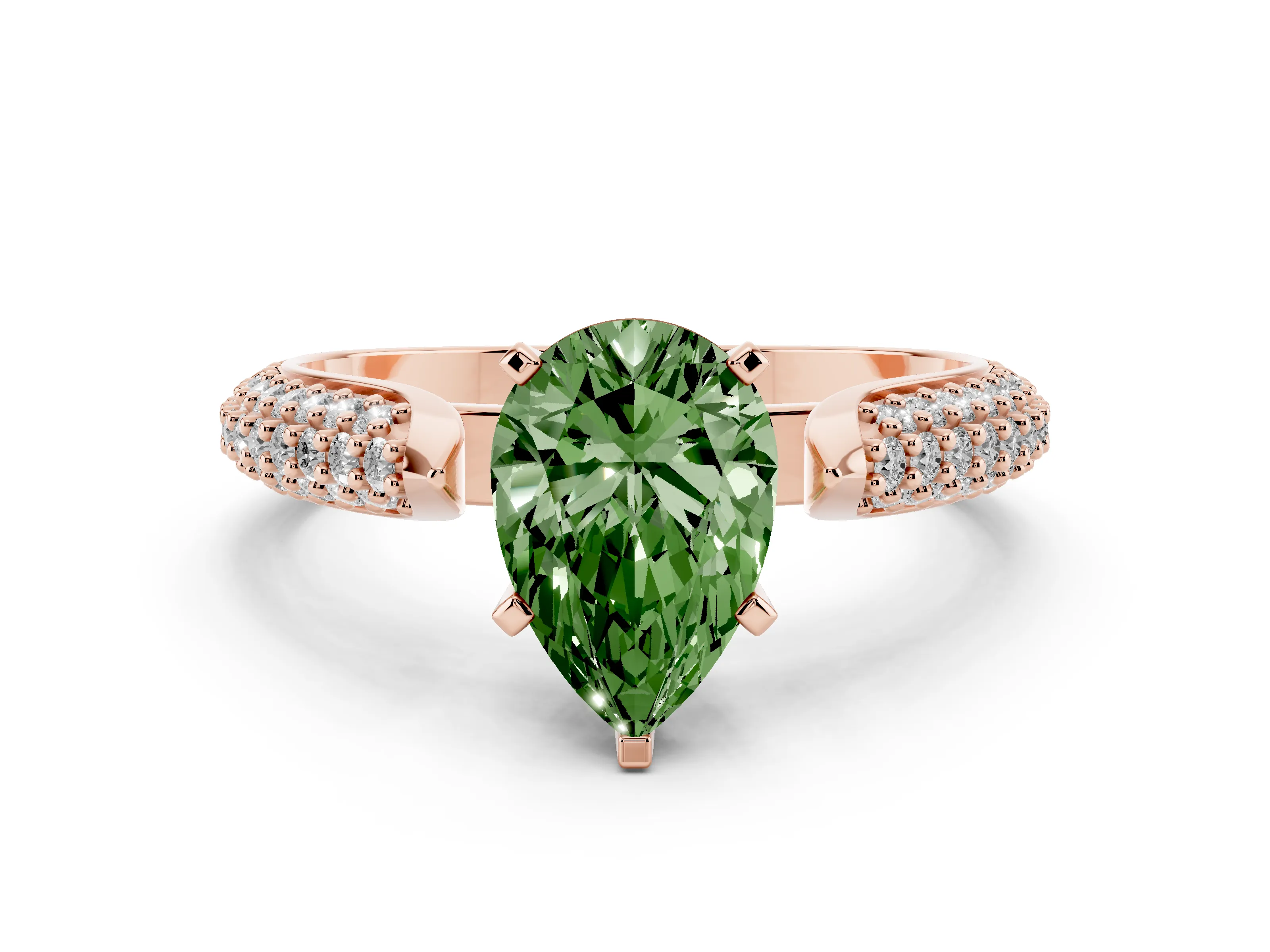 Fancy Green Pear Cut Diamond Solitaire Engagement Ring Set in Rose gold with Multi-Row Round Pavé Band and Prong Setting