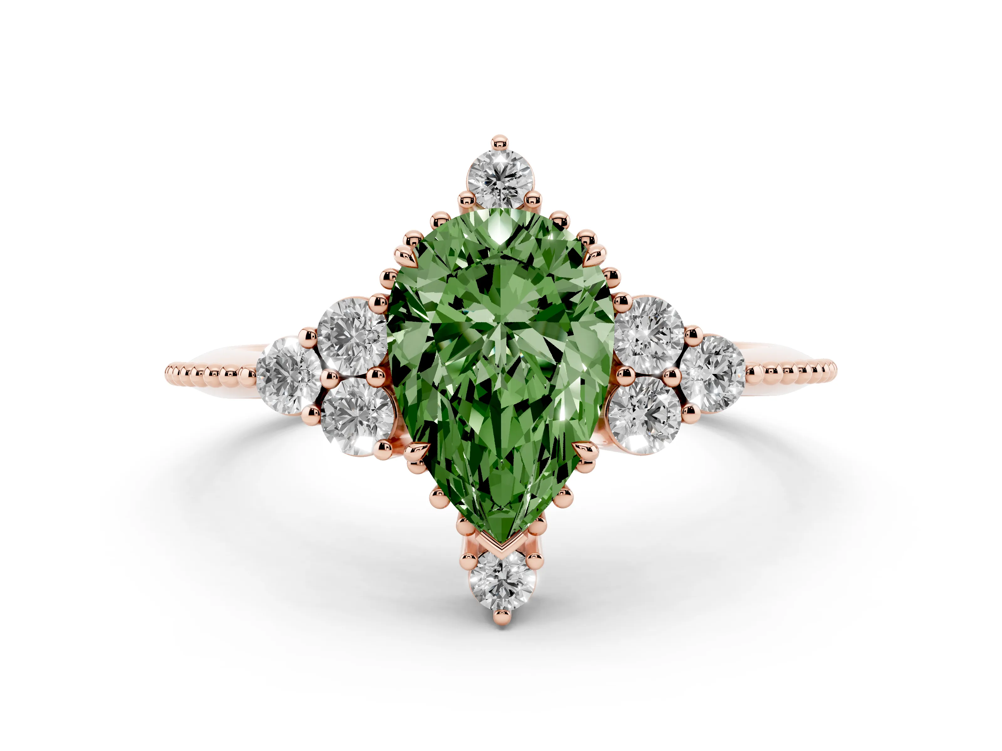Fancy Green Pear Cut Diamond Cluster Ring Set in Rose gold with Beaded Band