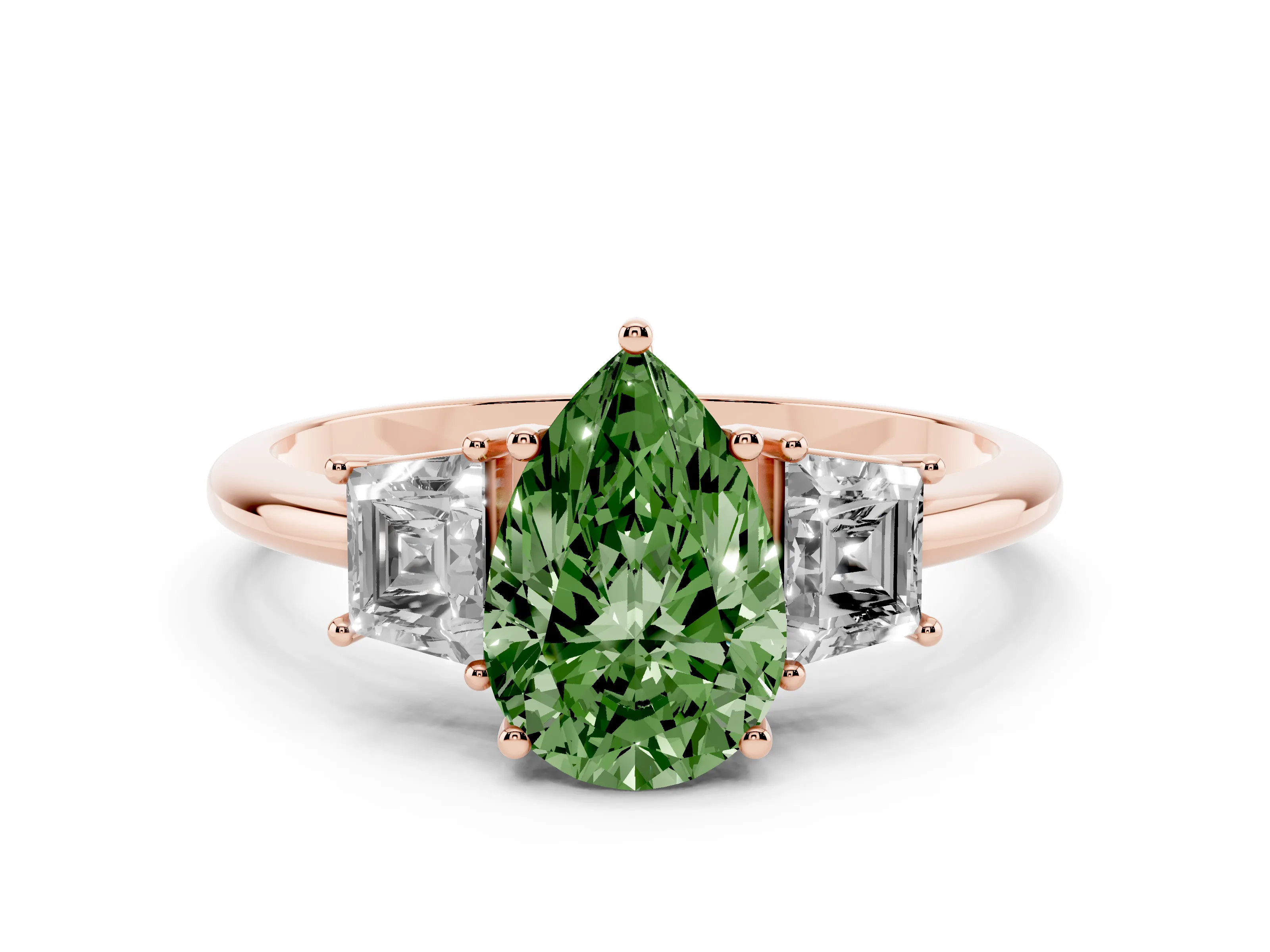 Fancy Green Pear Cut Diamond Three-Stone Ring Set in Rose gold with Trapezoid Side Stones and Prong Setting