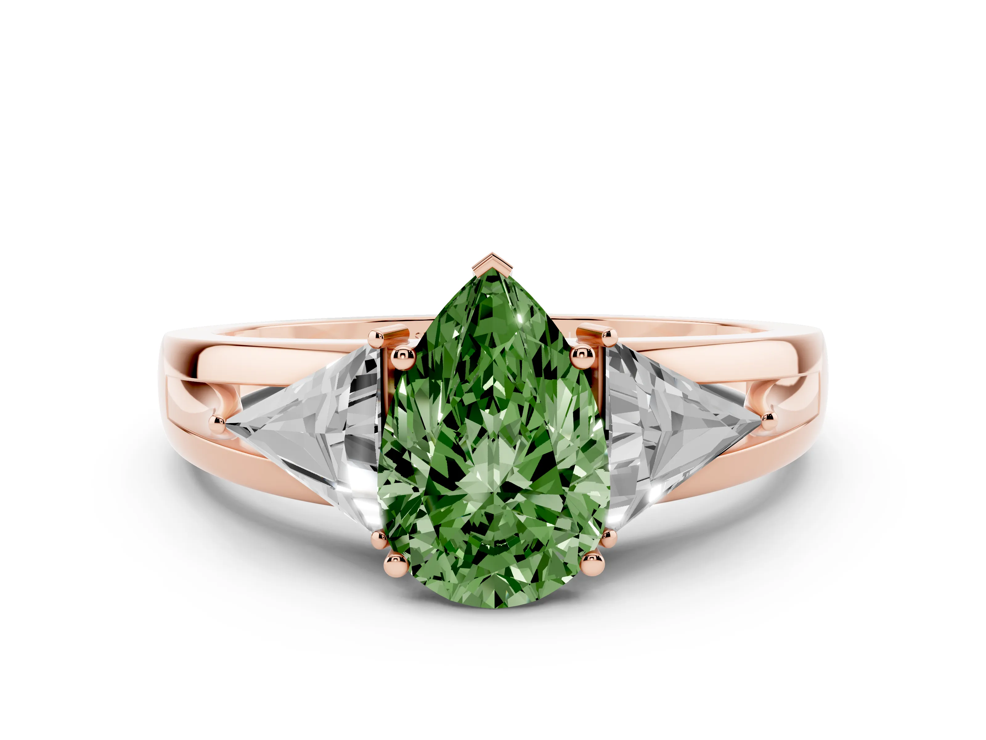 Fancy Green Pear Cut Diamond Three-Stone Ring Set in Rose gold with Trillion Side Stones and Split Shank