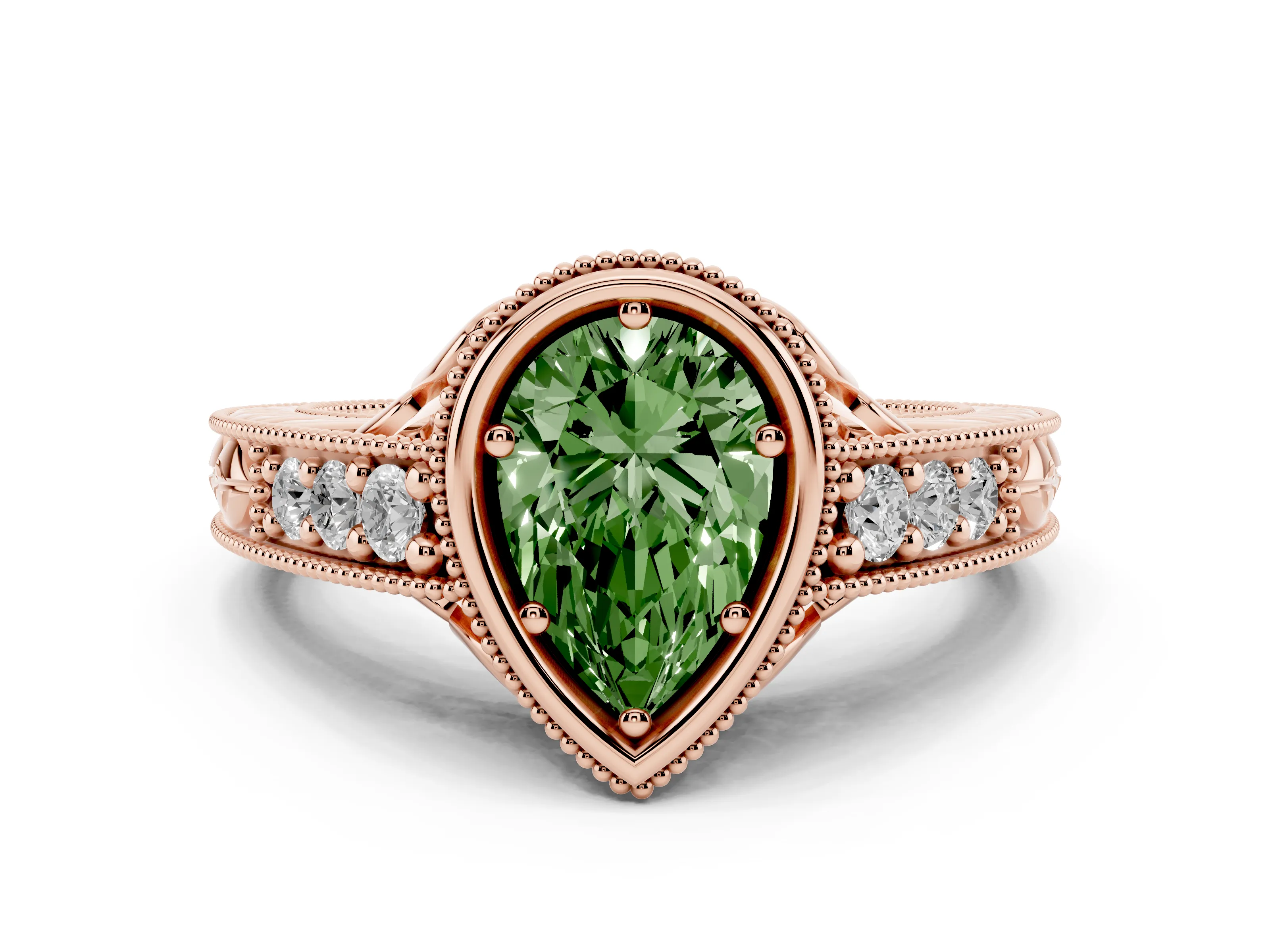 Fancy Green Bezel Set Pear Cut Diamond Milgrain Pavé Engagement Ring Set in Rose gold