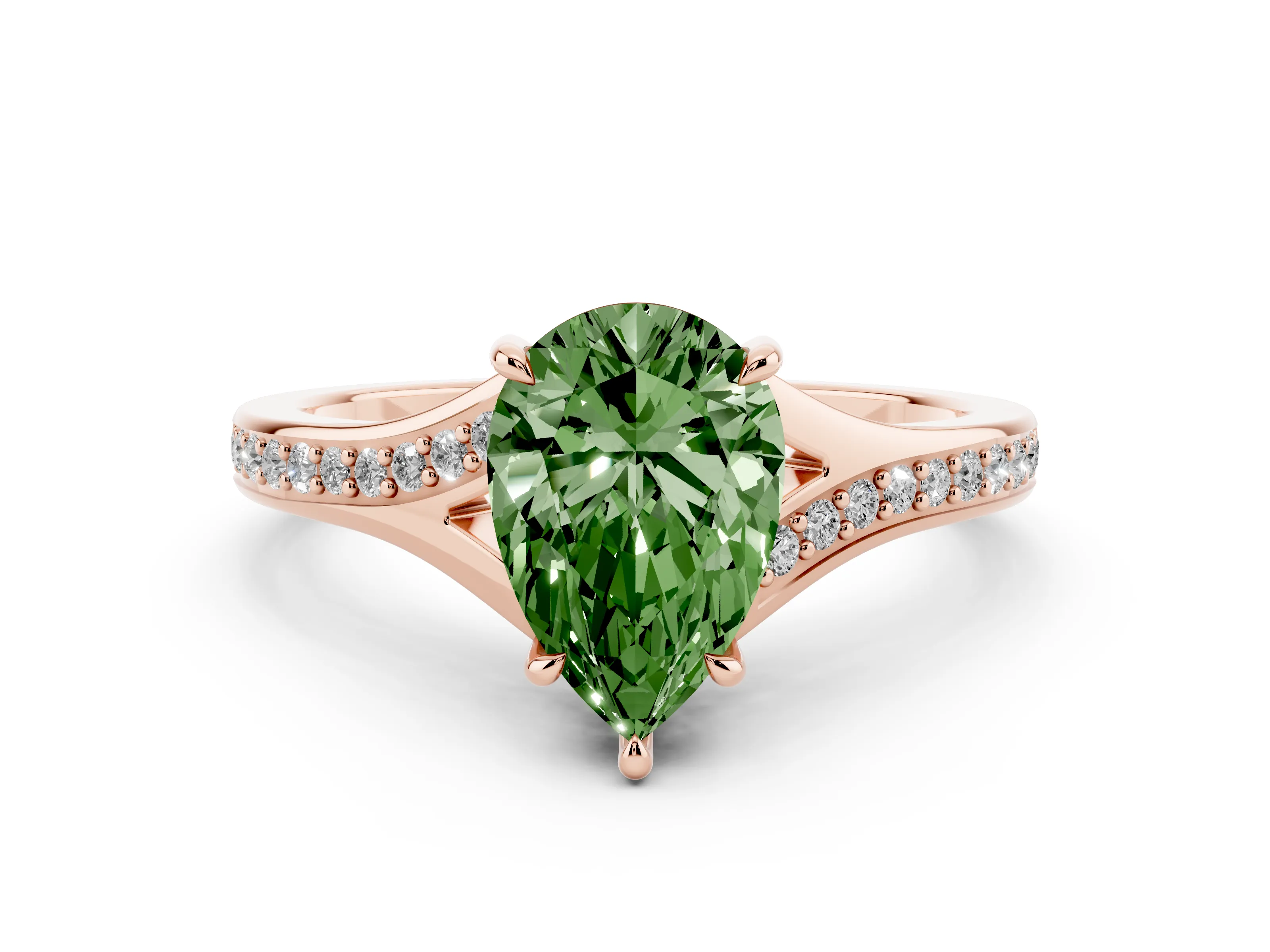 Fancy Green Pear Cut Diamond Solitaire Ring Set in Rose gold with Pavé Accent Band and Classic Prong Setting