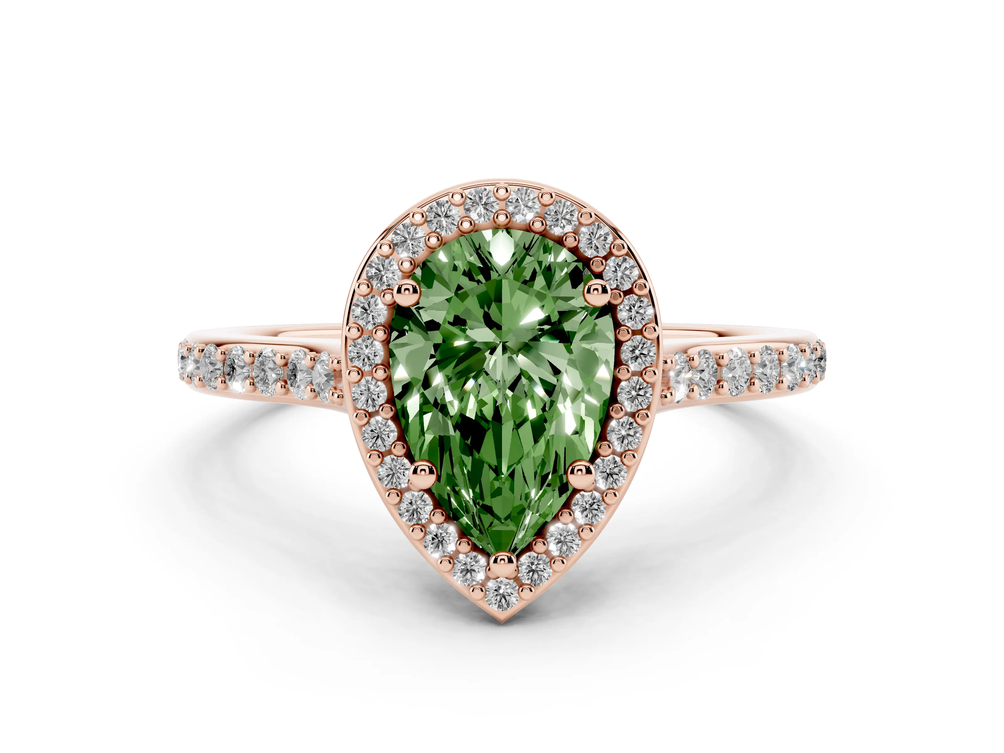 Fancy Green Pear Cut Diamond Halo Engagement Ring Set in Rose gold with Round Pavé Shoulders and Heart Gallery