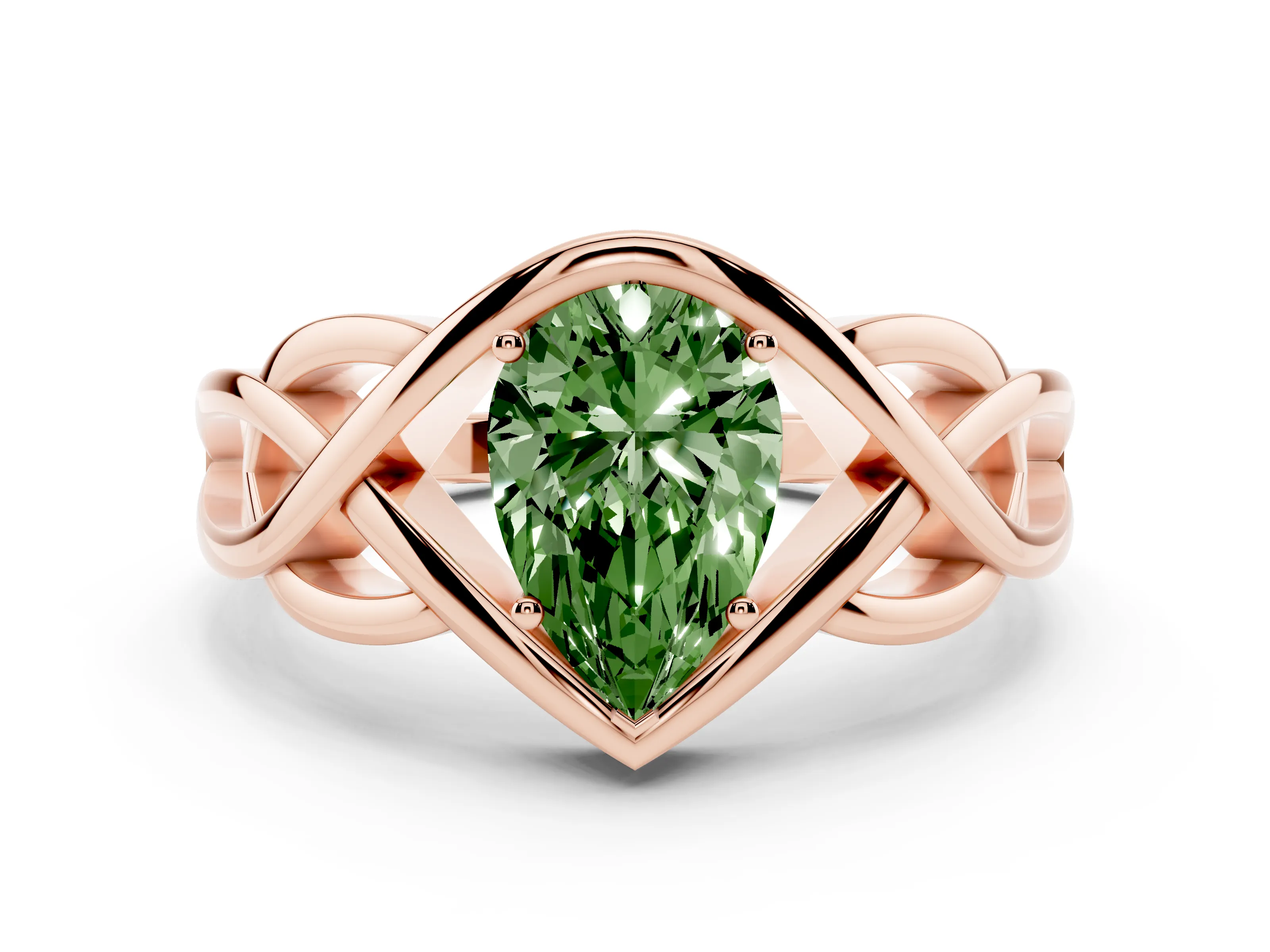 Fancy Green Pear Cut Diamond Solitaire Ring Set in Rose gold with Intertwined Band
