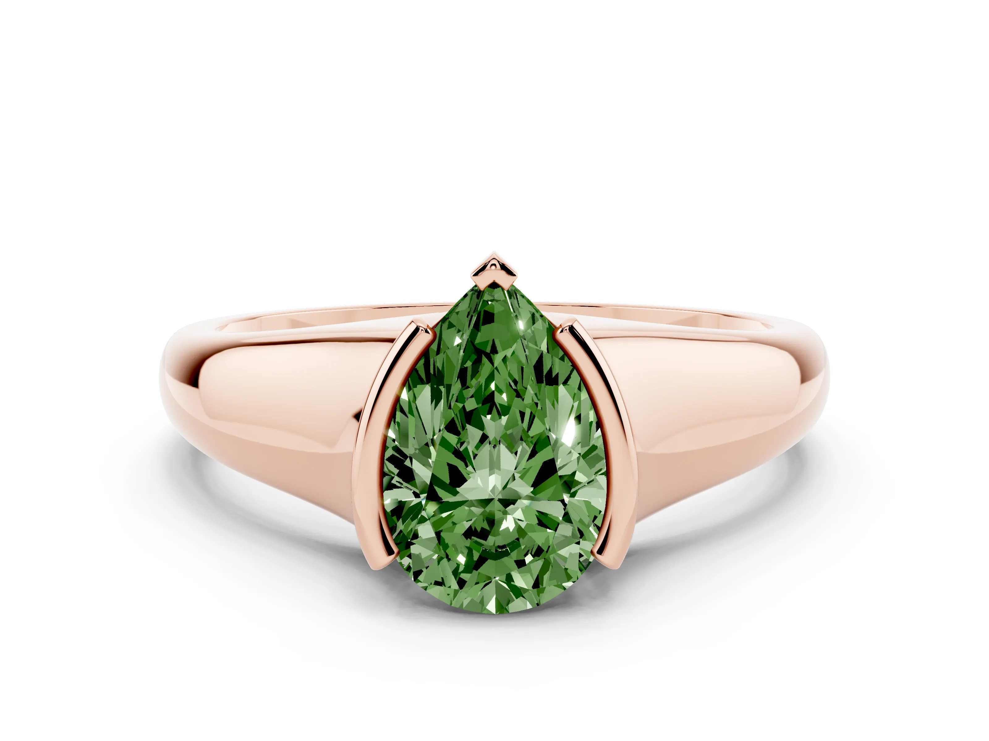 Fancy Green Pear Cut Diamond Solitaire Tension Set Ring Set in Rose gold with Split Shank Band