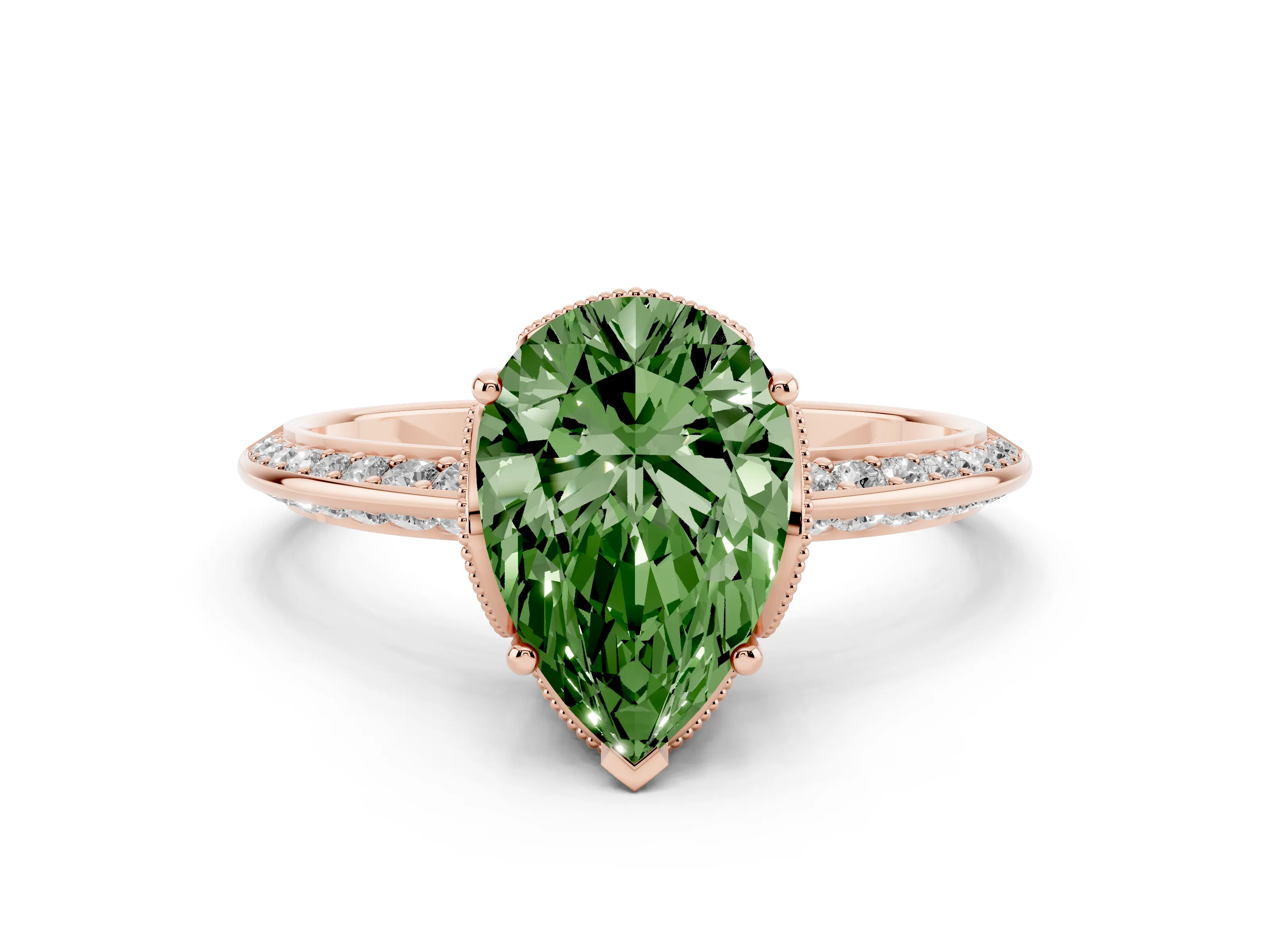 Fancy Green Pear Cut Diamond Solitaire Engagement Ring Set in Rose gold with Pavé Split Shank and Prong Setting