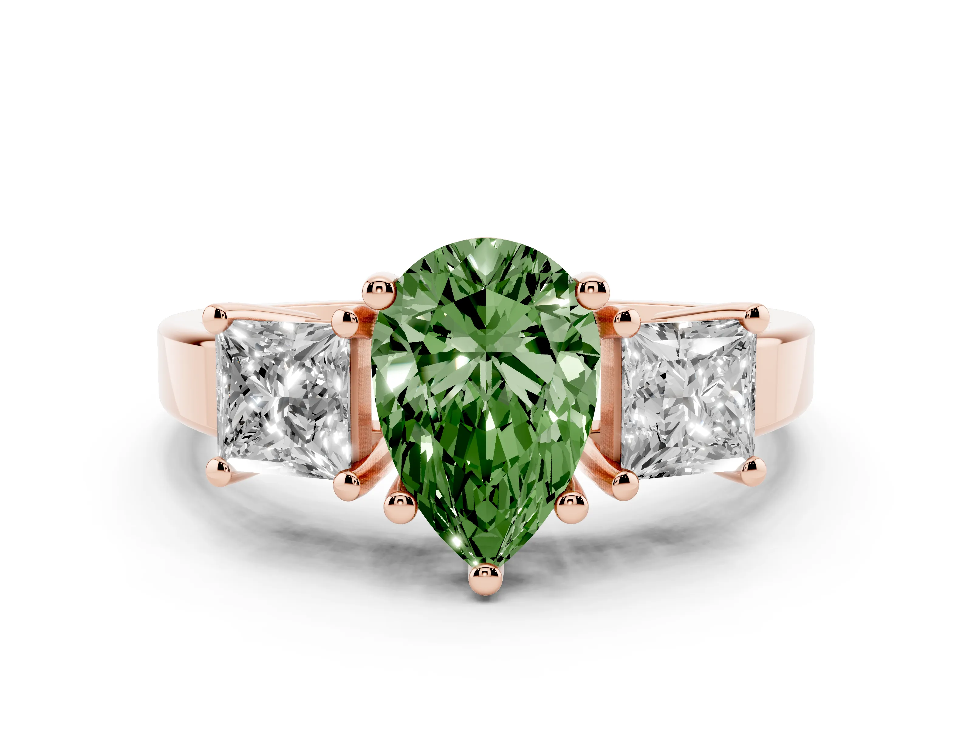 Fancy Green Three-Stone Pear Cut Diamond Solitaire Ring Set in Rose gold with Prong Setting