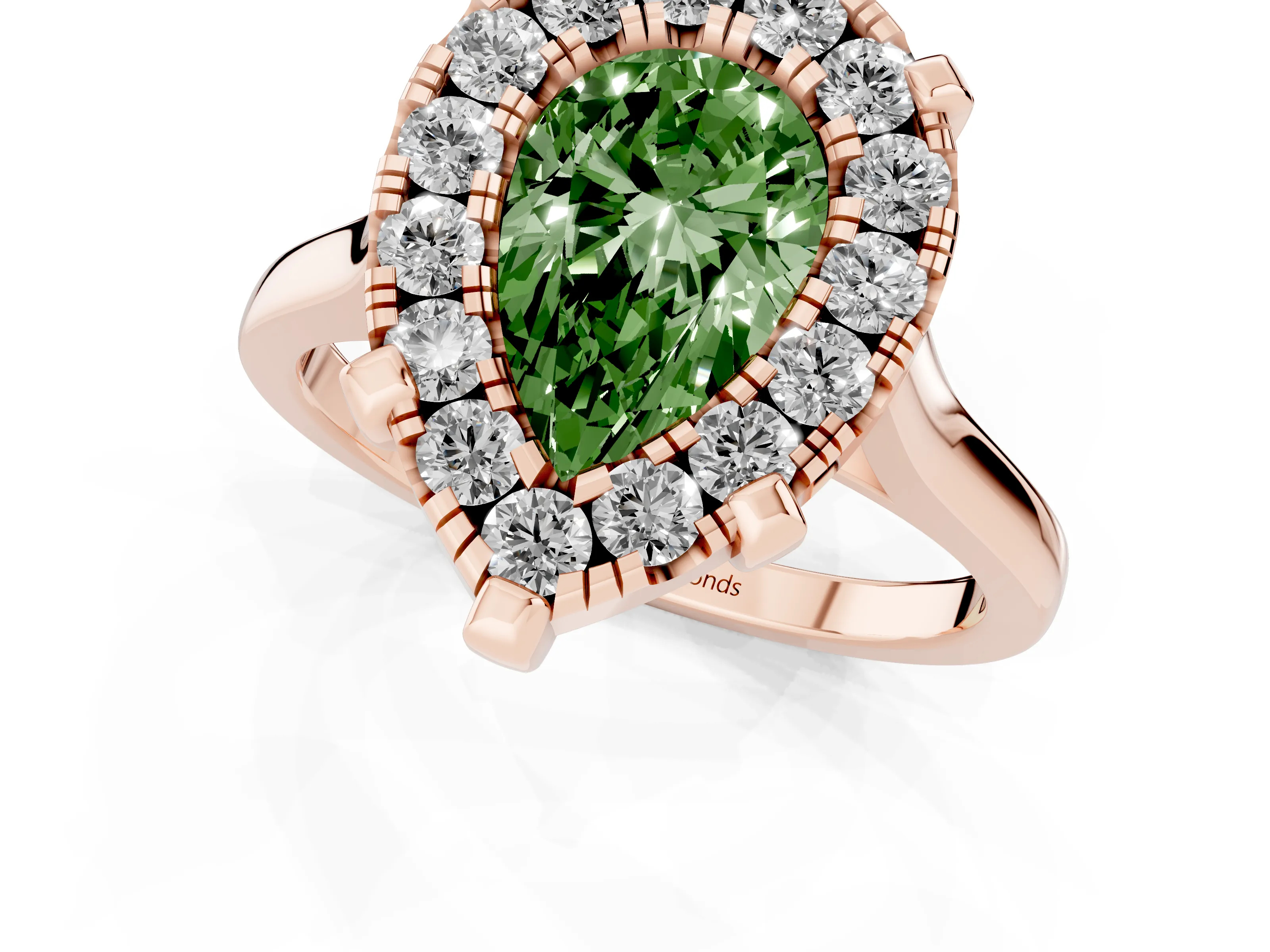 Fancy Green Pear Cut Diamond Cluster Halo Solitaire Ring Set in Rose gold with Prong Setting