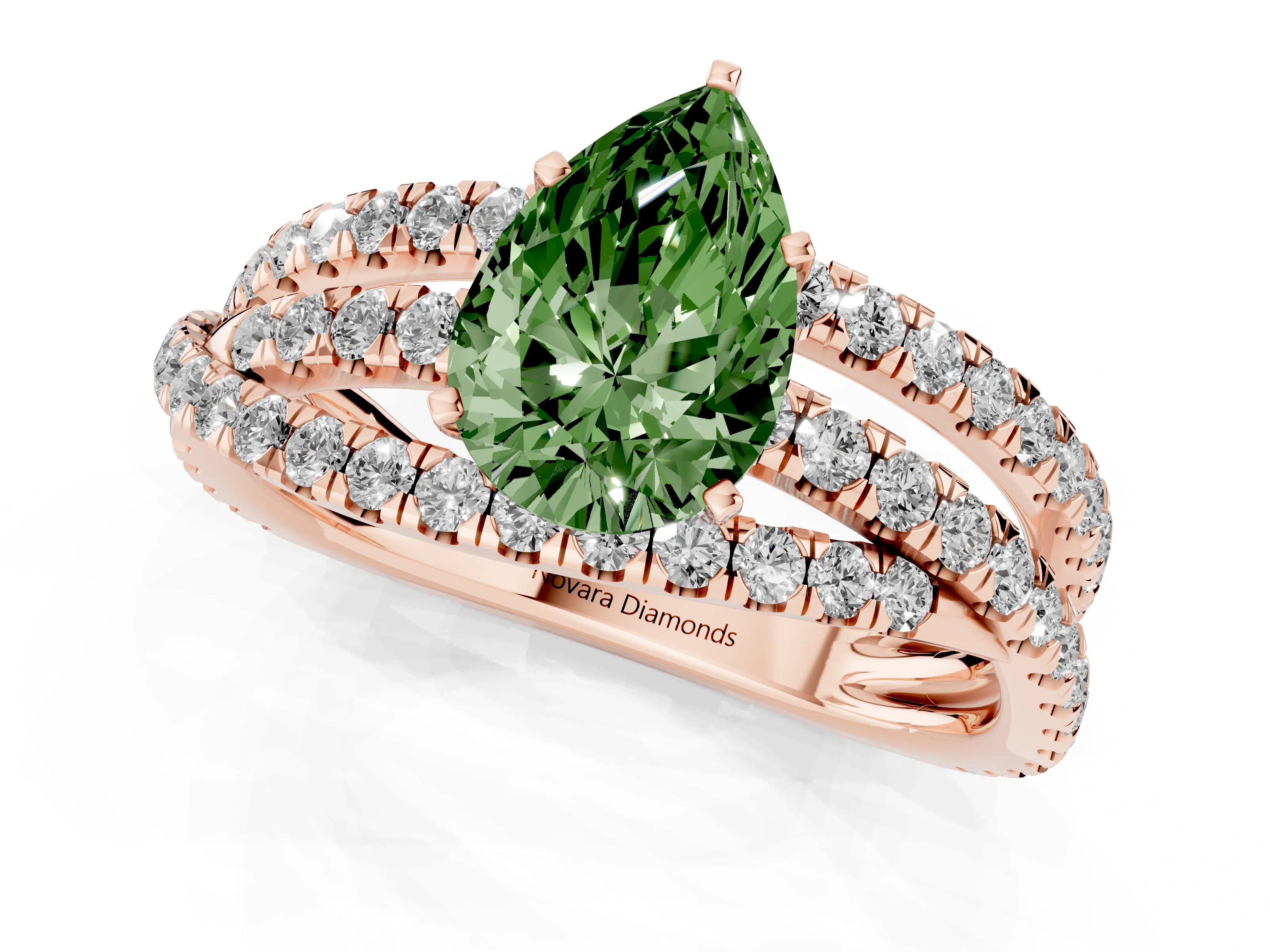 Fancy Green Pear Cut Diamond Solitaire Twist Band Ring Set in Rose gold with Pavé Setting and Prong Head