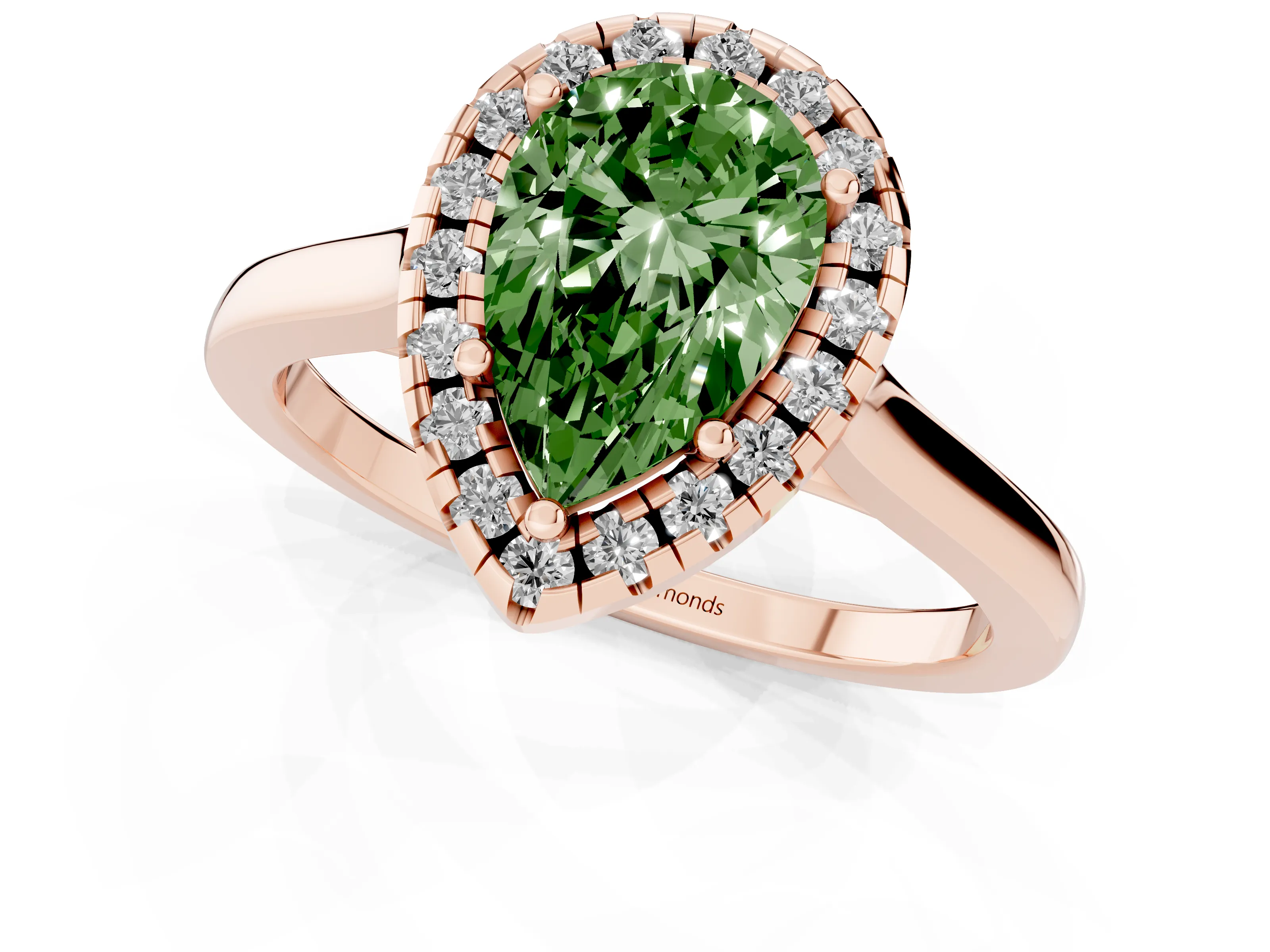 Fancy Green Pear Cut Halo Round Diamond Solitaire Ring Set in Rose gold with Pavé Band and Prong Setting